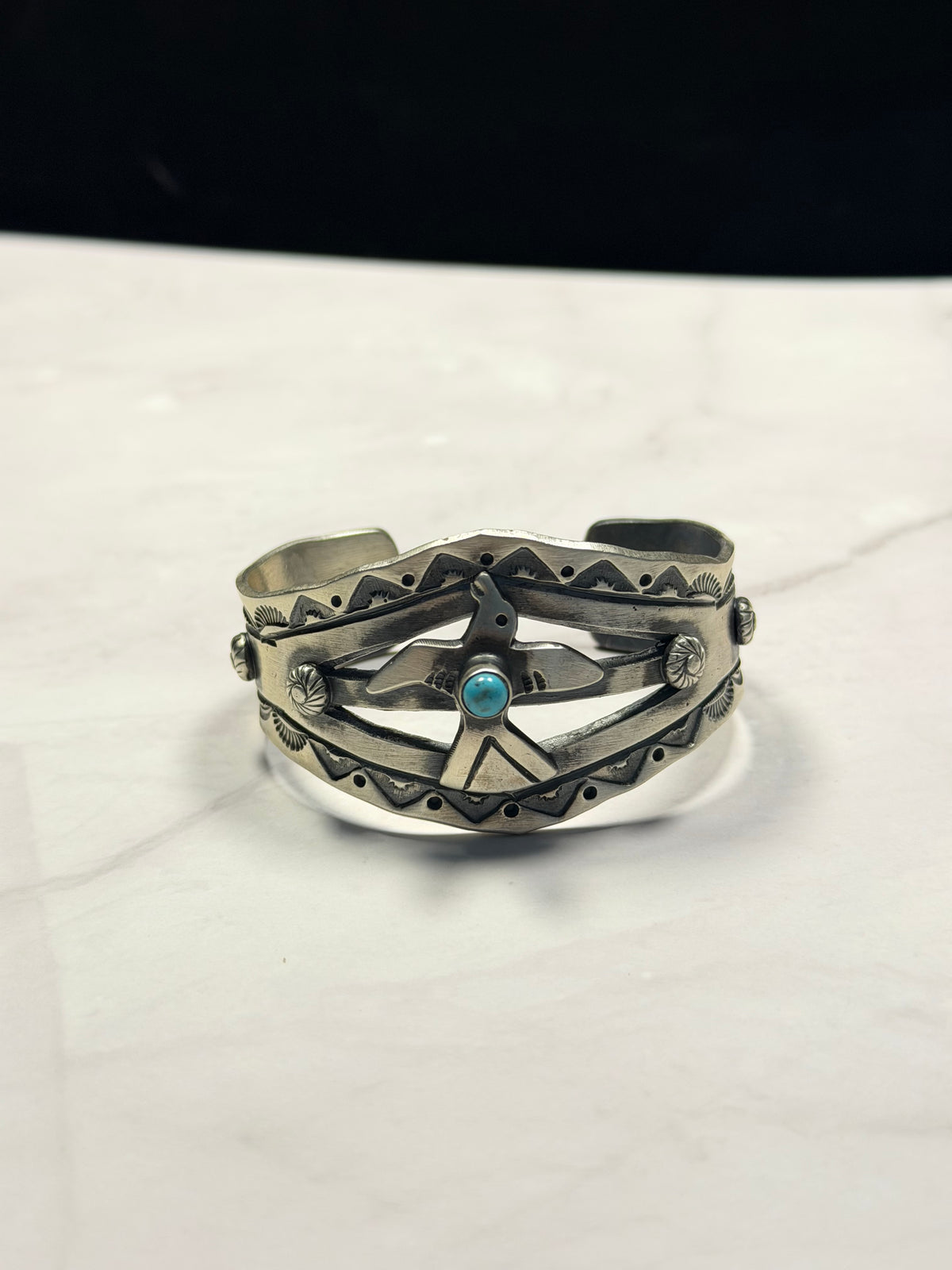 Chimney Butte Kingman Turquoise & Sterling Silver Thunderbird Cuff Bracelet