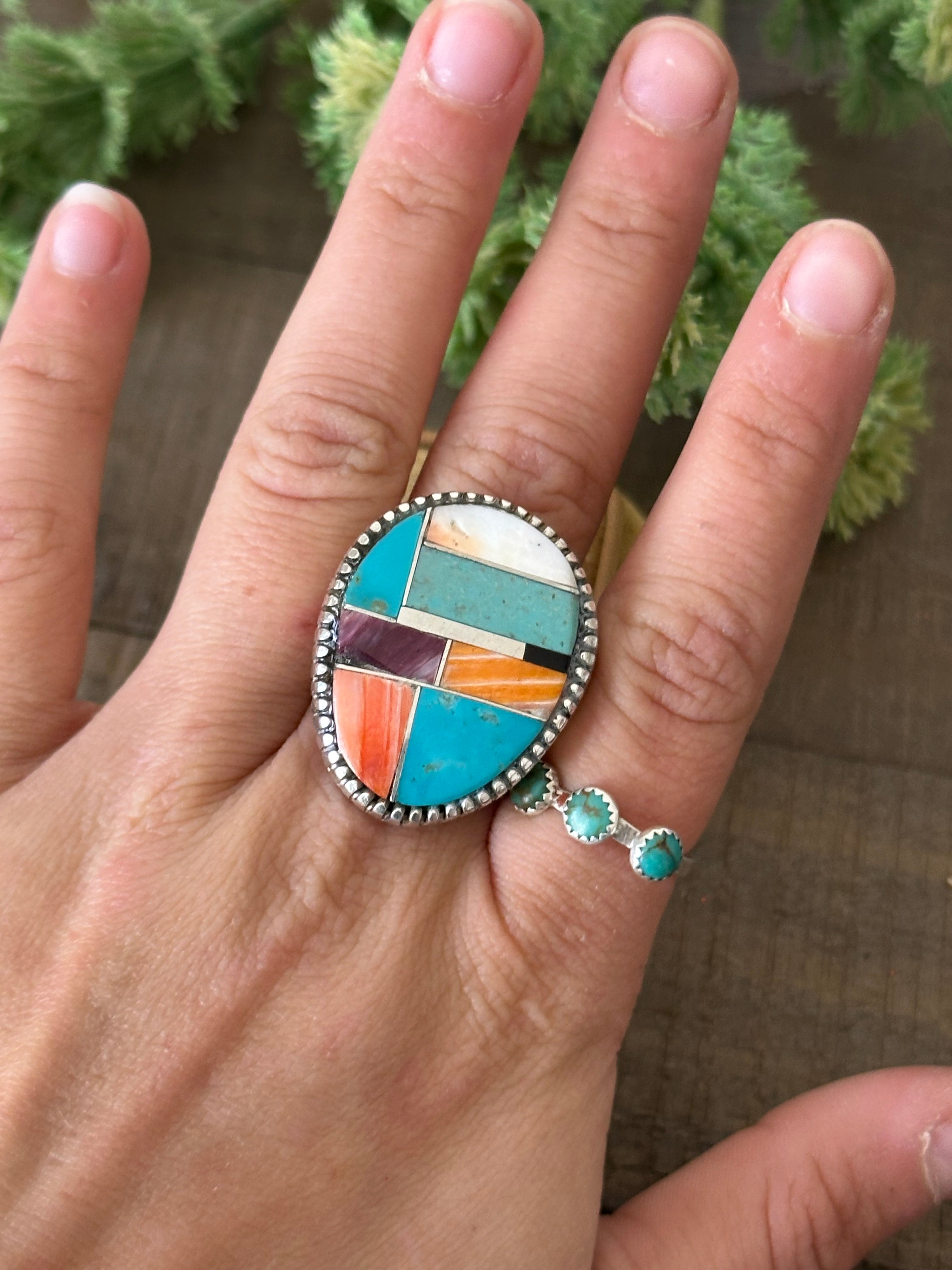 Navajo Made Multi Stone & Sterling Silver Inlay Ring Size 11.5