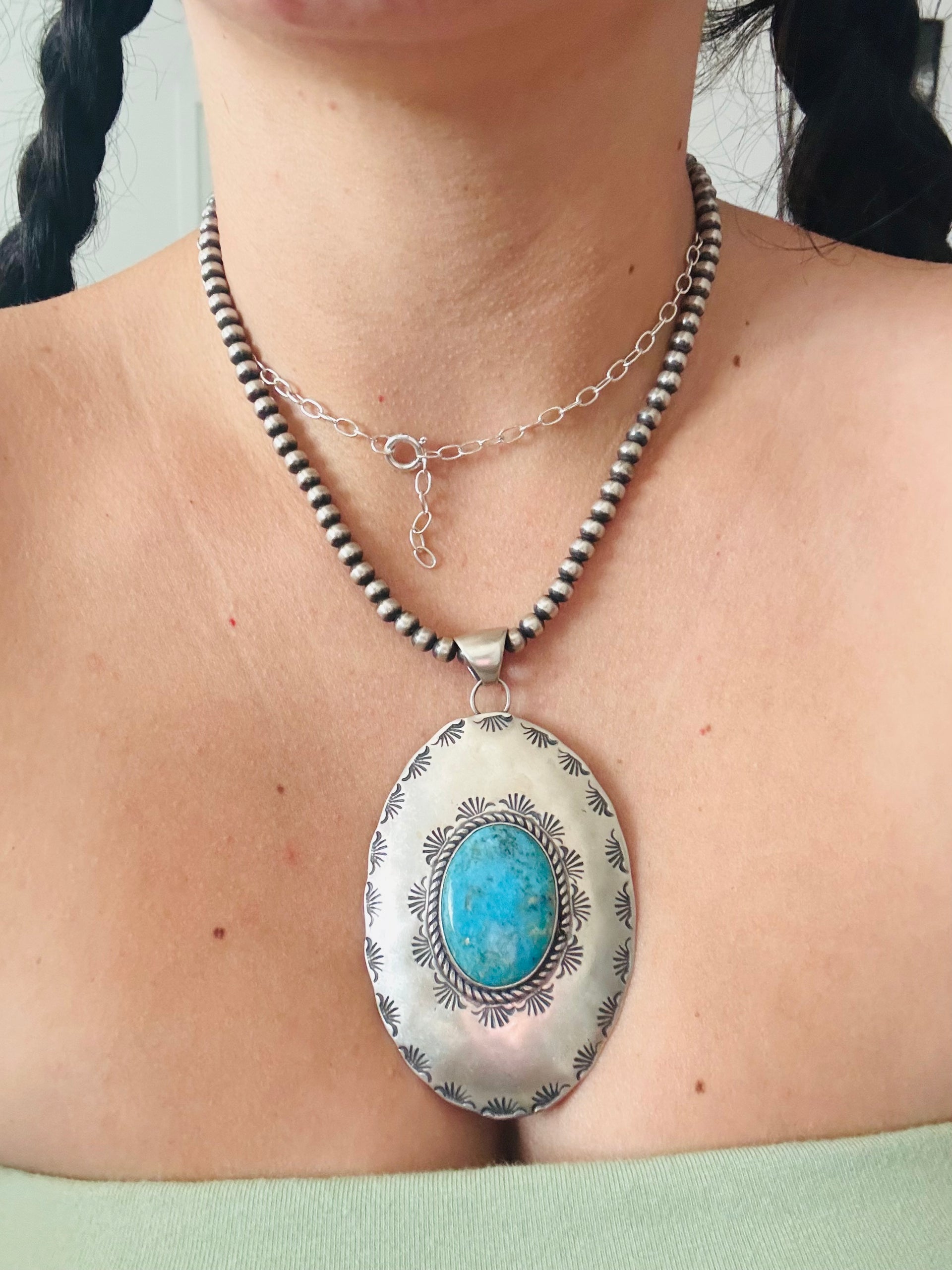 Navajo Made Kingman Turquoise & Sterling Silver Pendant