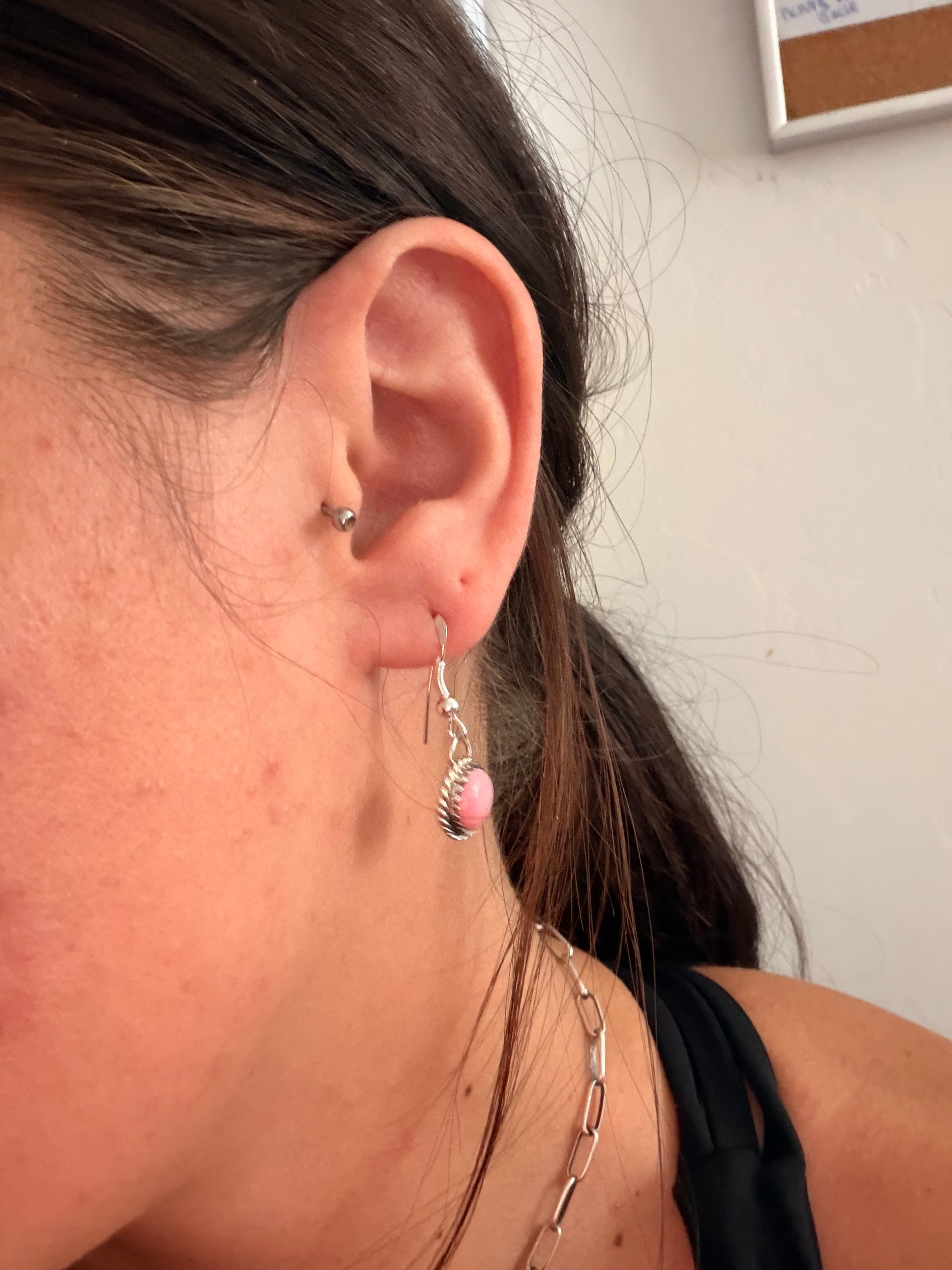 Esther White Pink Conch & Sterling Silver Dangle Earrings