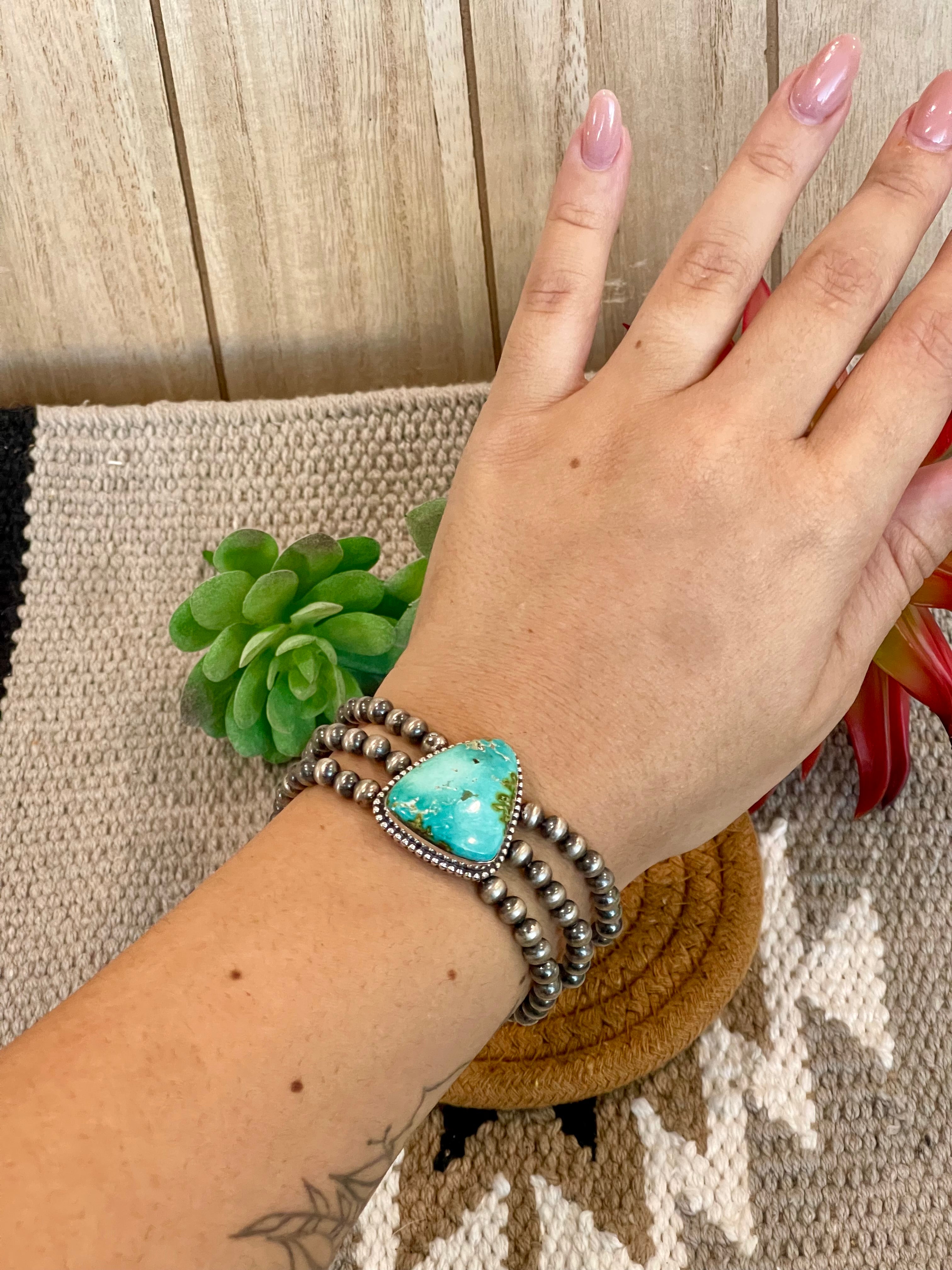 Southwest Handmade Sonoran Mountain Turquoise & Sterling Silver 3 Strand Beaded Stretch Bracelet