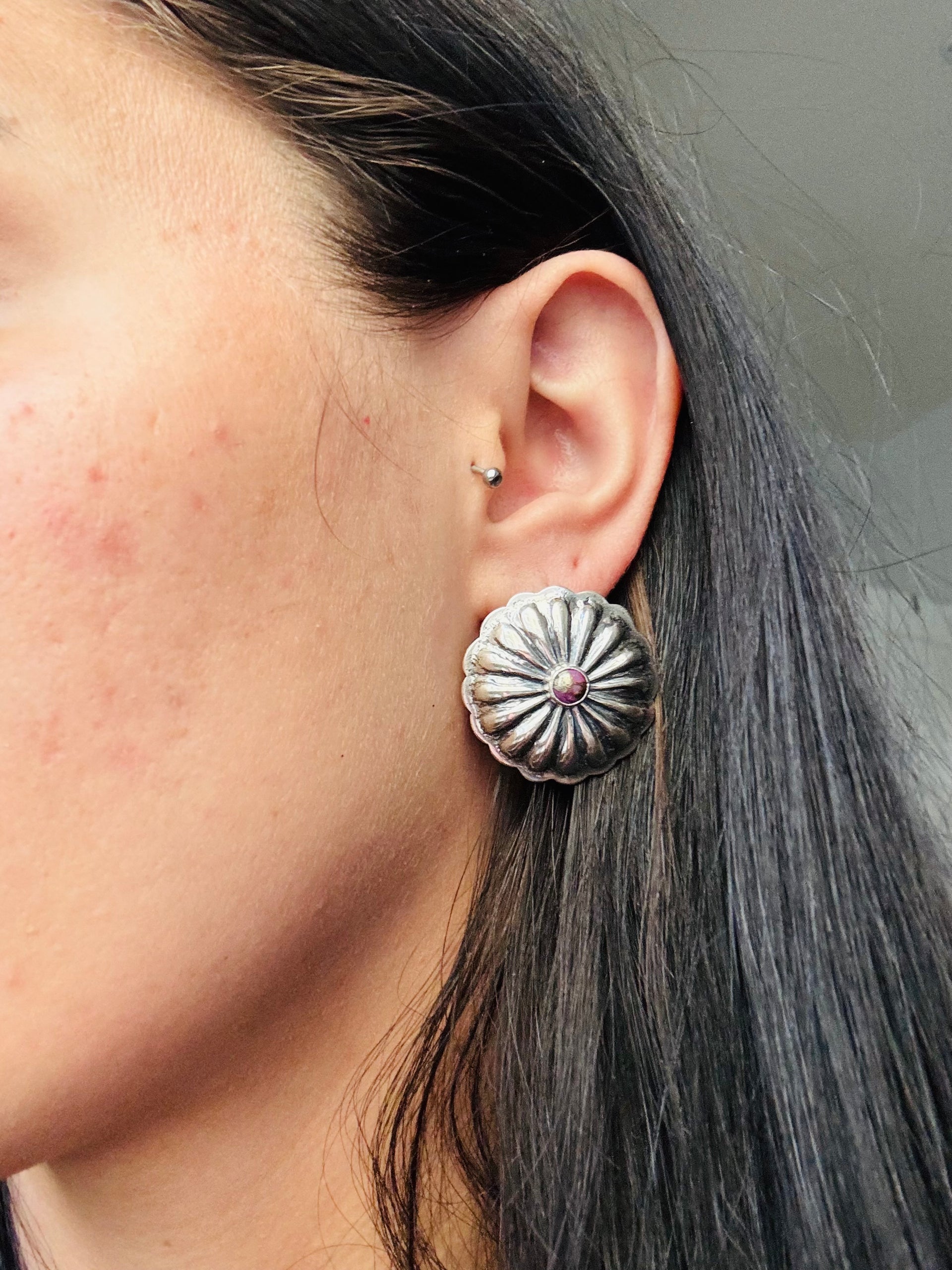 Navajo Made Pink Mohave Turquoise & Sterling Silver Post Concho Earrings