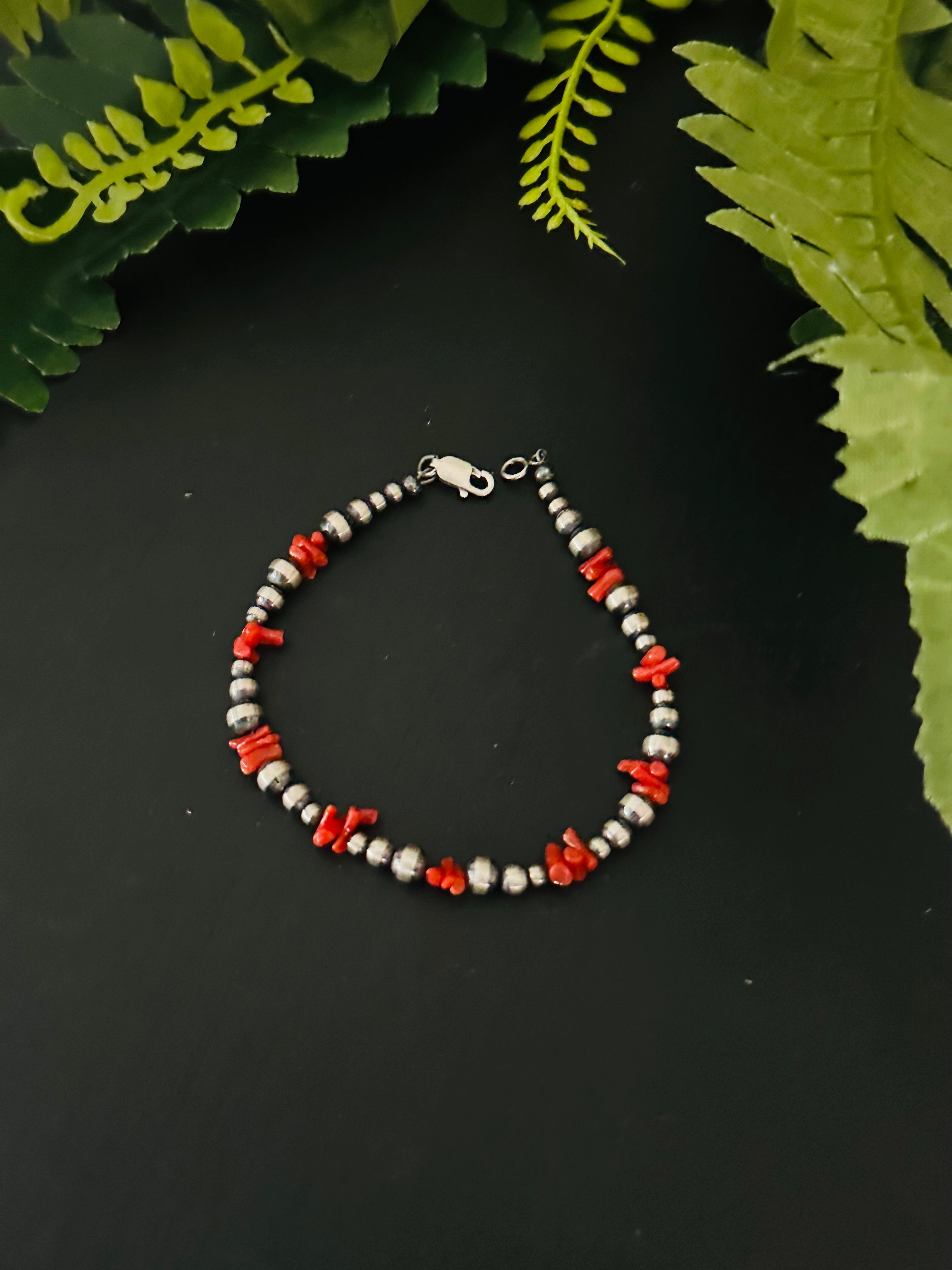 Navajo Strung Coral & Sterling Silver Graduated Pearl Bracelet