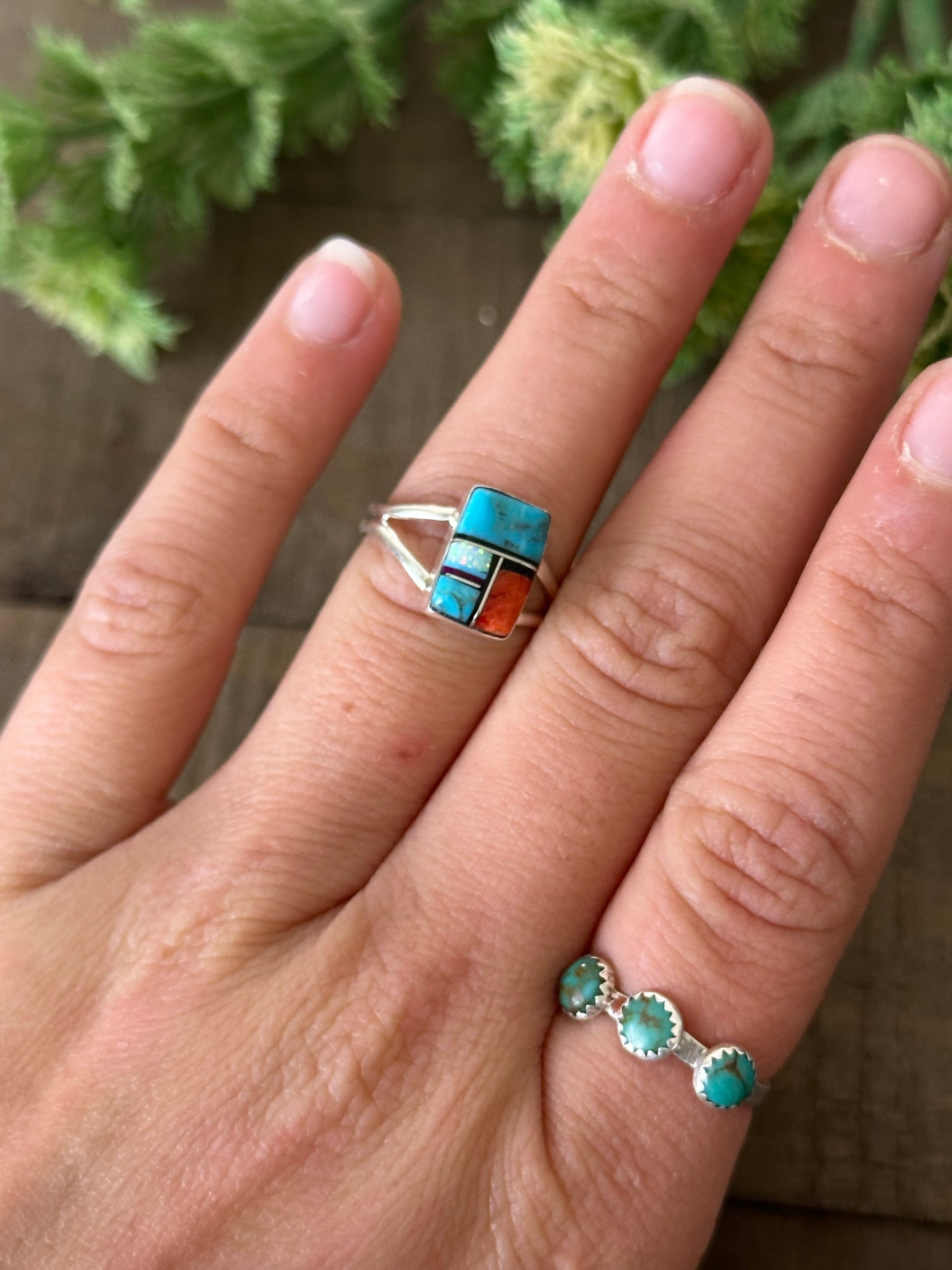 Navajo Made Multi Stone & Sterling Silver Inlay Ring Size 6.75