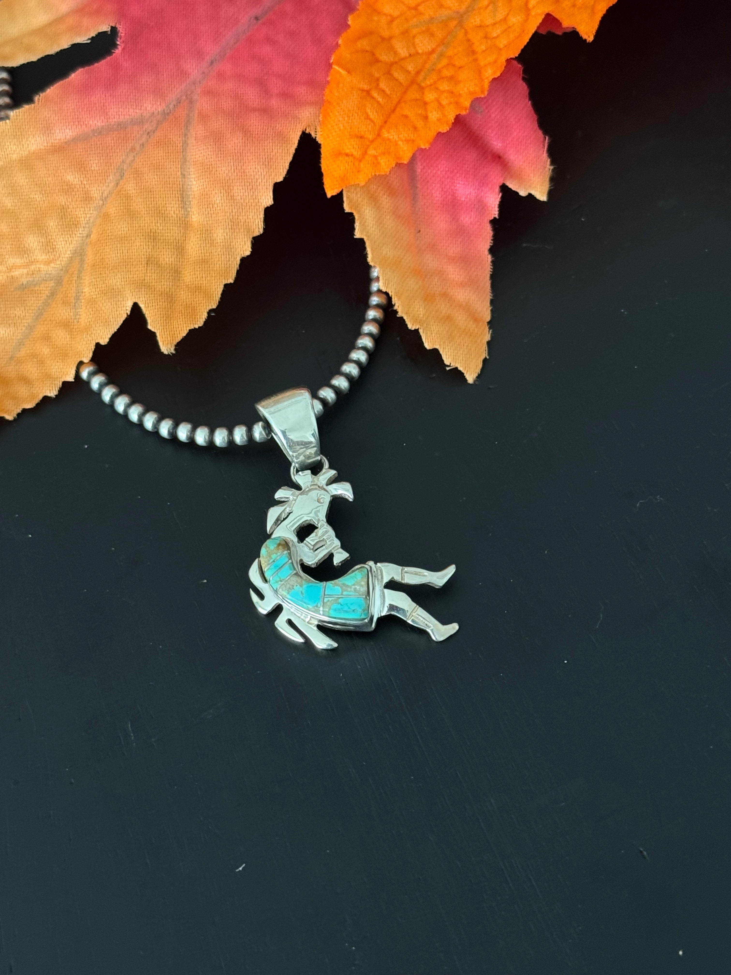 Navajo Made #8 Turquoise & Sterling Silver Inlay Kokopelli Pendant