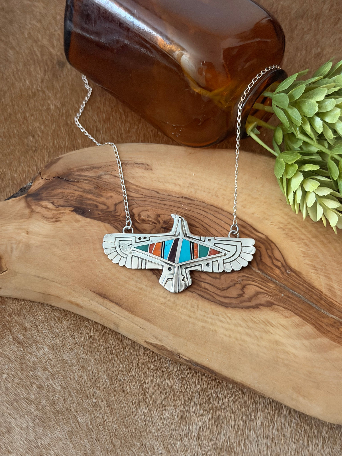 Navajo Made Multi Stone & Sterling Silver Inlay Necklace
