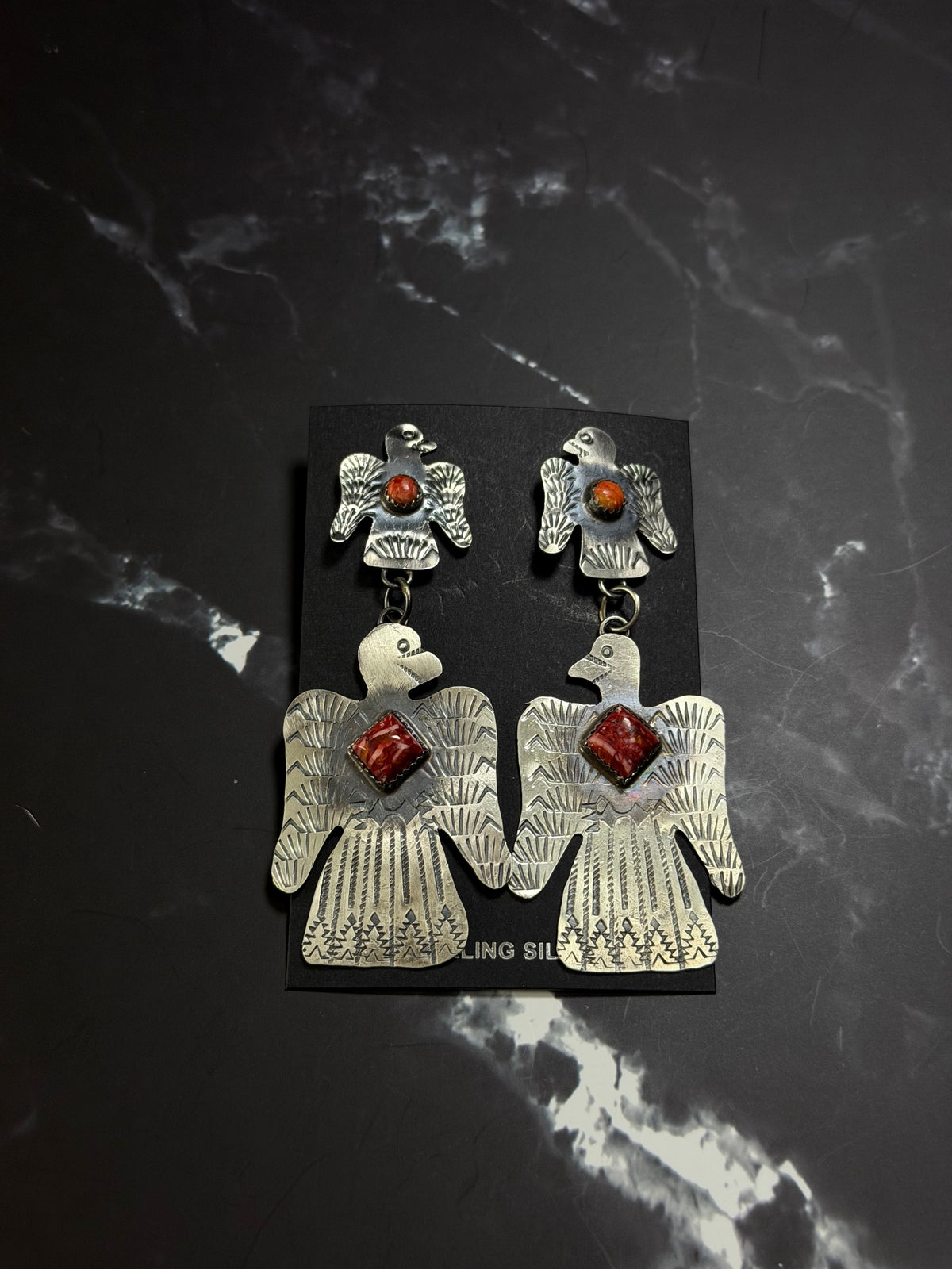 Gabriella Yazzie Spiny Oyster & Sterling Silver Thunderbird Post Dangle Earrings