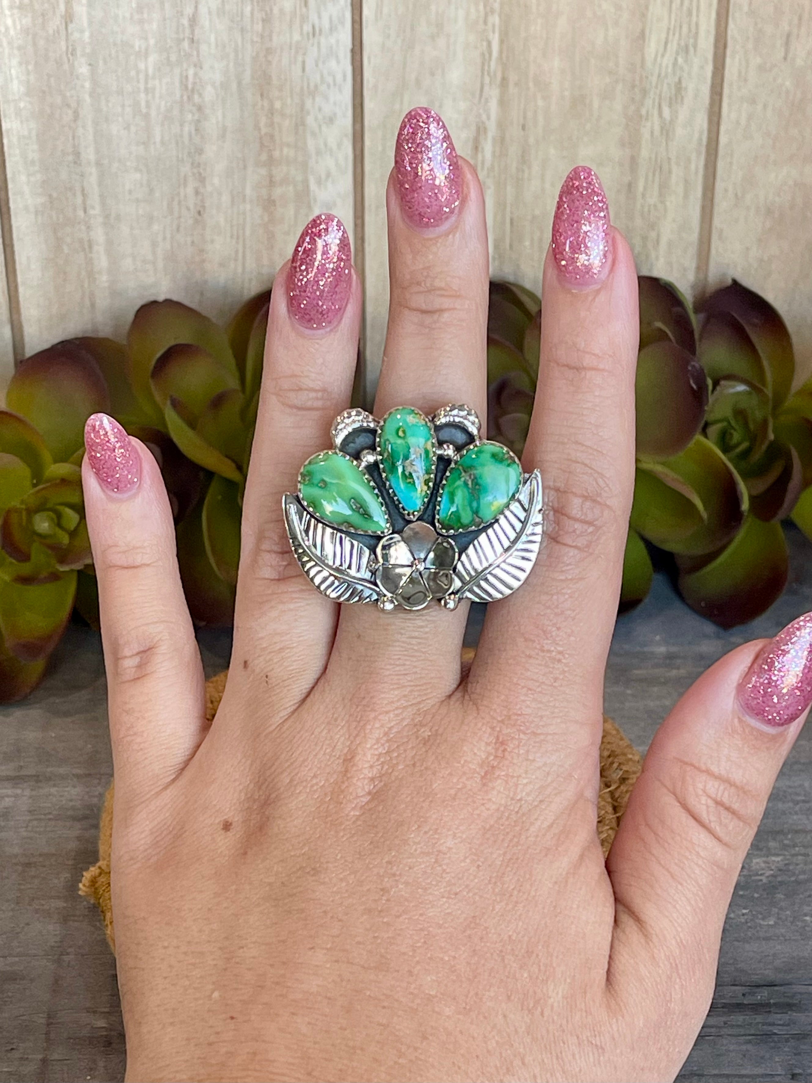 Southwest Handmade Sonoran Mountain Turquoise & Sterling Silver Adjustable Flower Ring