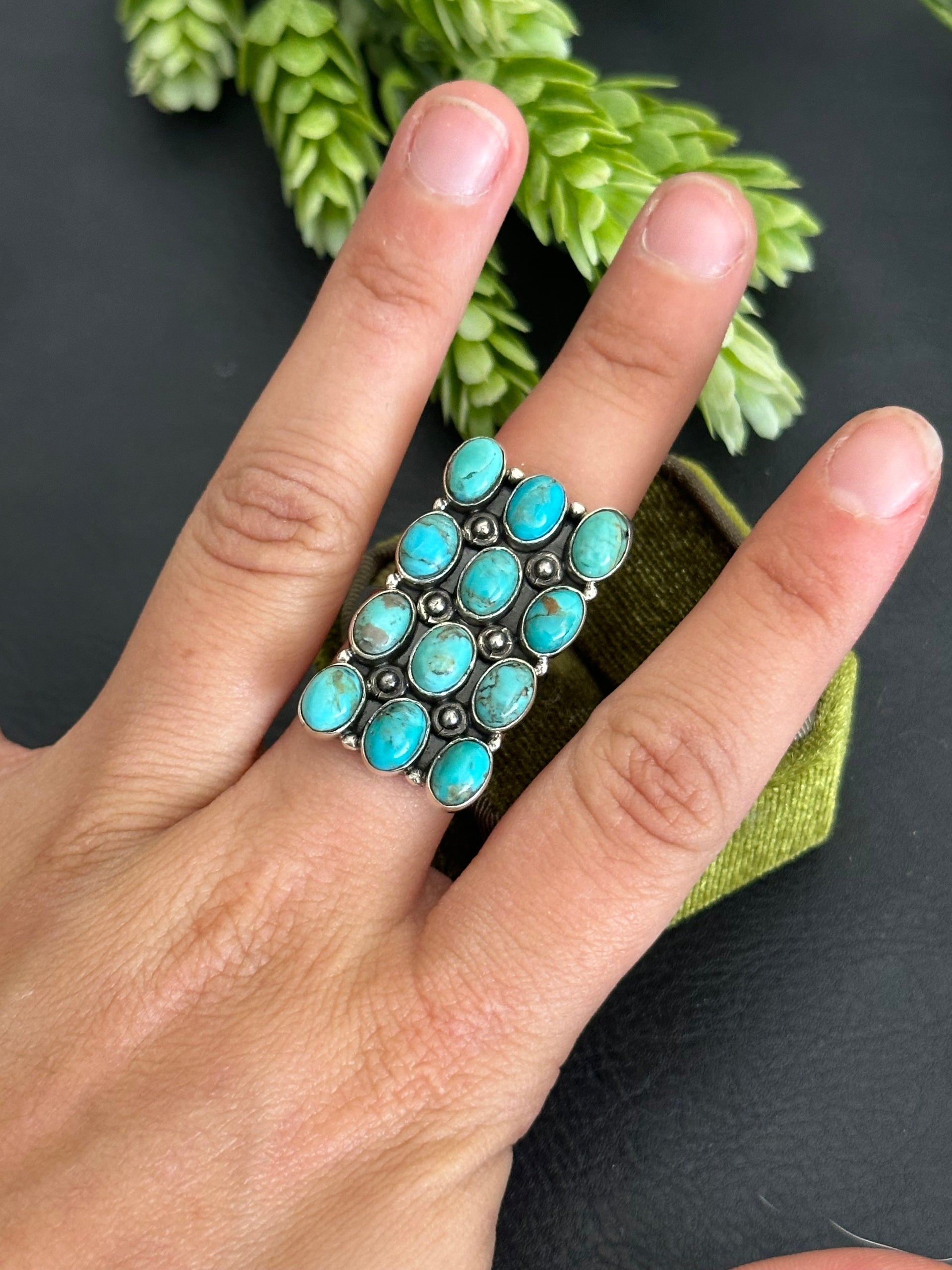 Southwest Handmade Kingman Turquoise & Sterling Silver Adjustable Cluster Ring