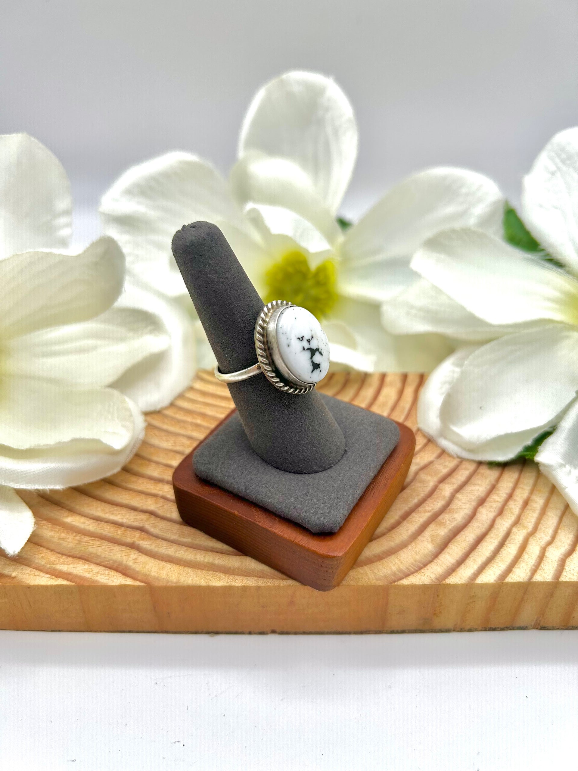 Navajo Made White Buffalo & Sterling Silver Adjustable Ring
