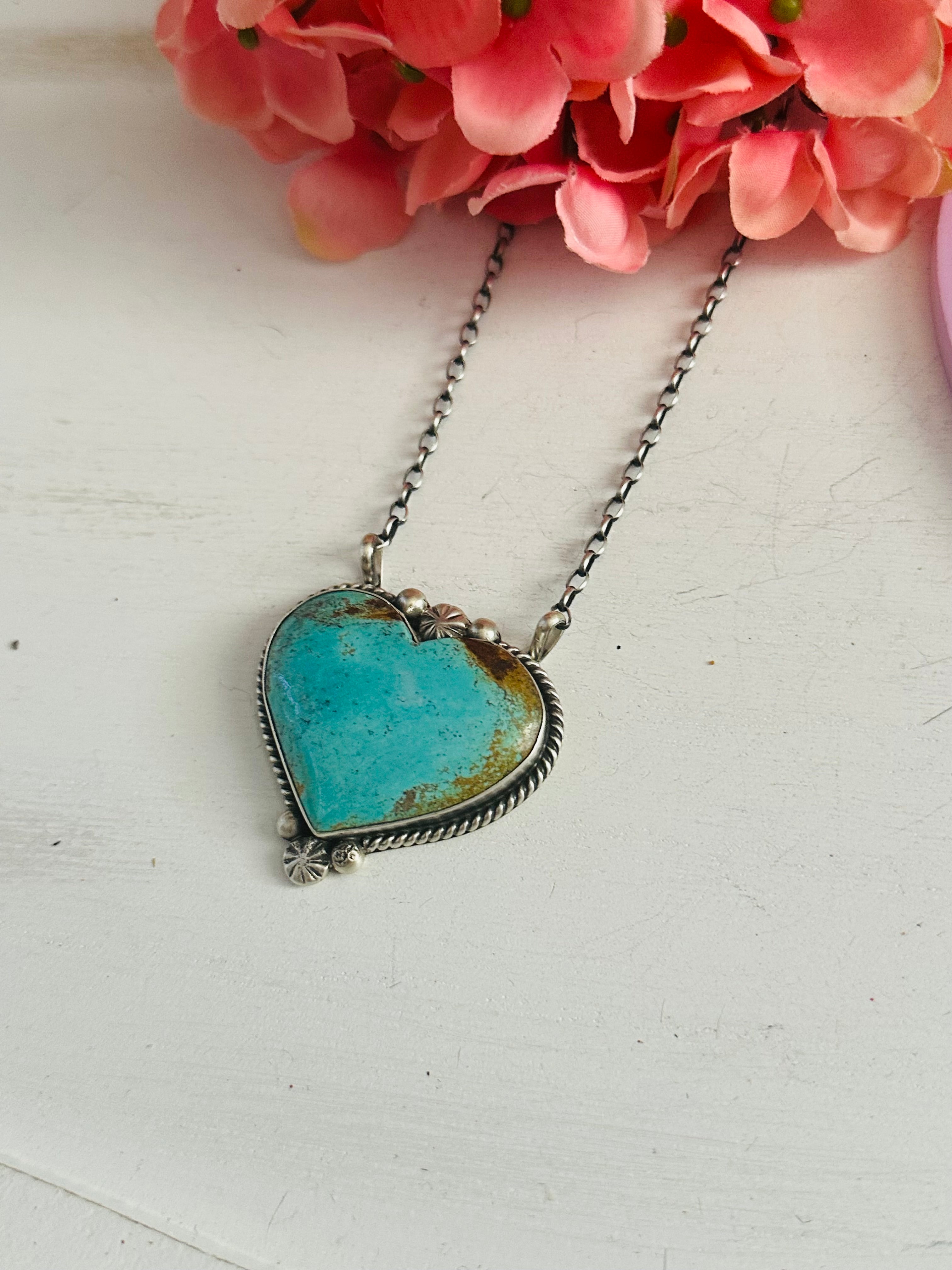 Alfred Martinez Kingman Turquoise & Sterling Silver Heart Necklace