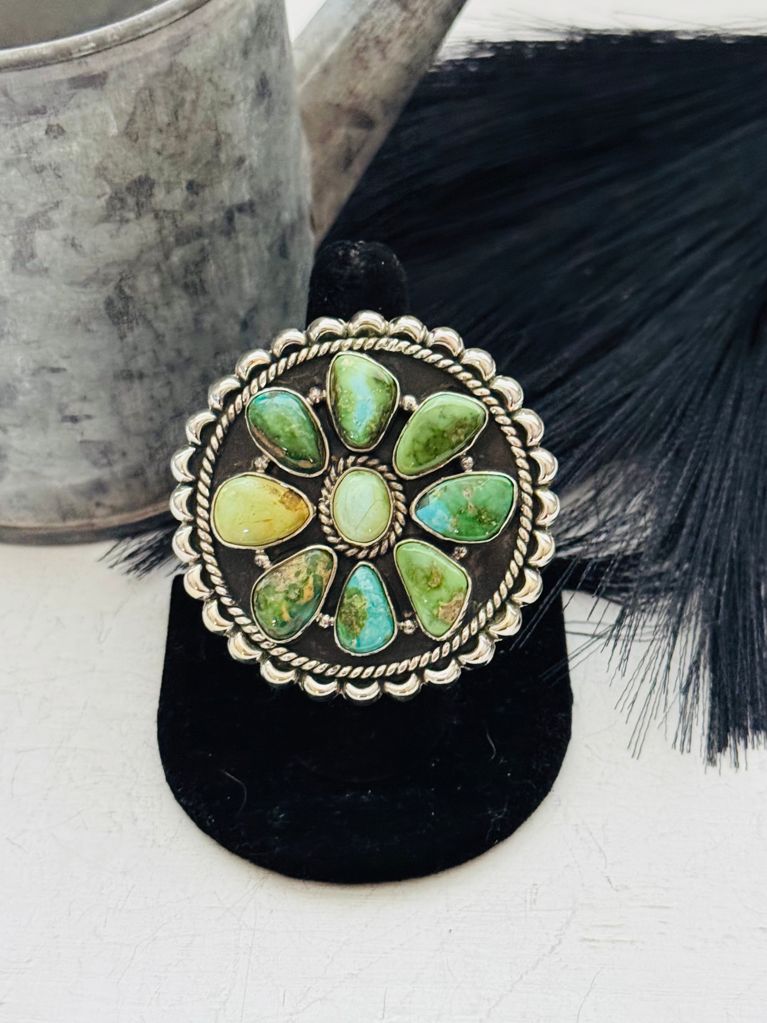 Southwest Handmade Sonoran Mountain Turquoise & Sterling Silver Adjustable Cluster Ring