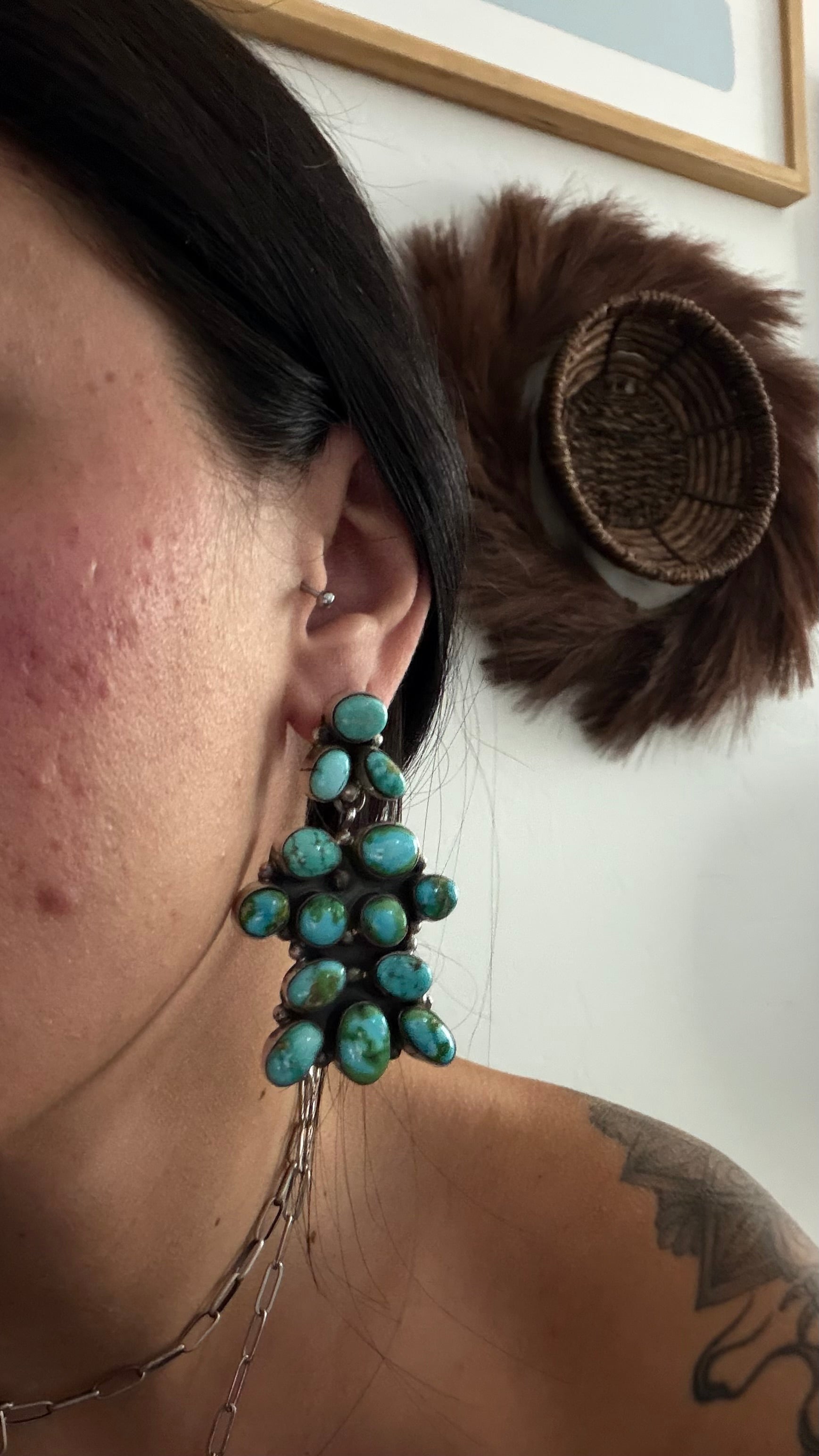 Sheila Becenti Sonoran Mountain Turquoise & Sterling Silver Post Dangle Cluster Earrings