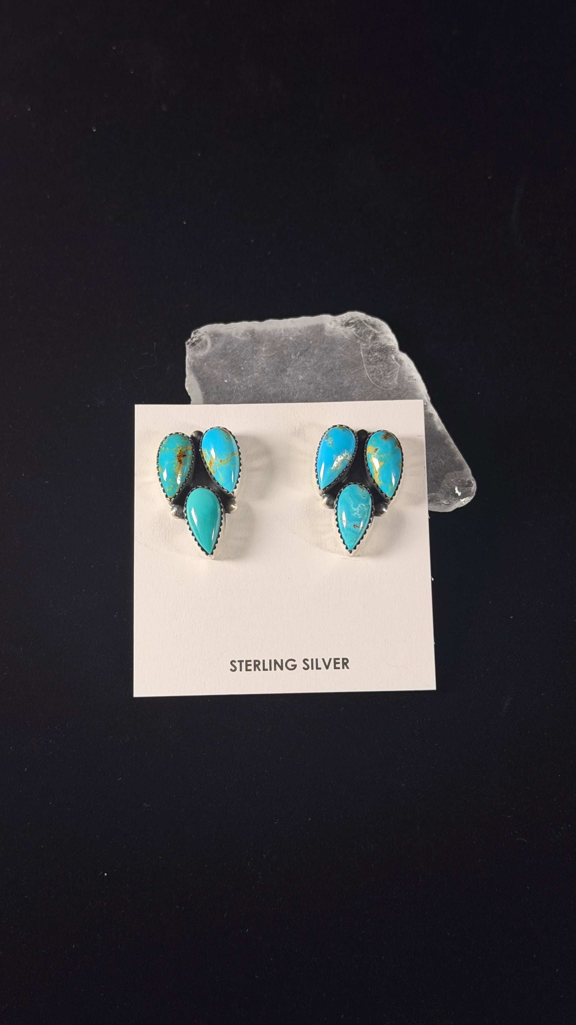 Navajo Made Kingman Turquoise & Sterling Silver Post Dangle Cluster Earrings
