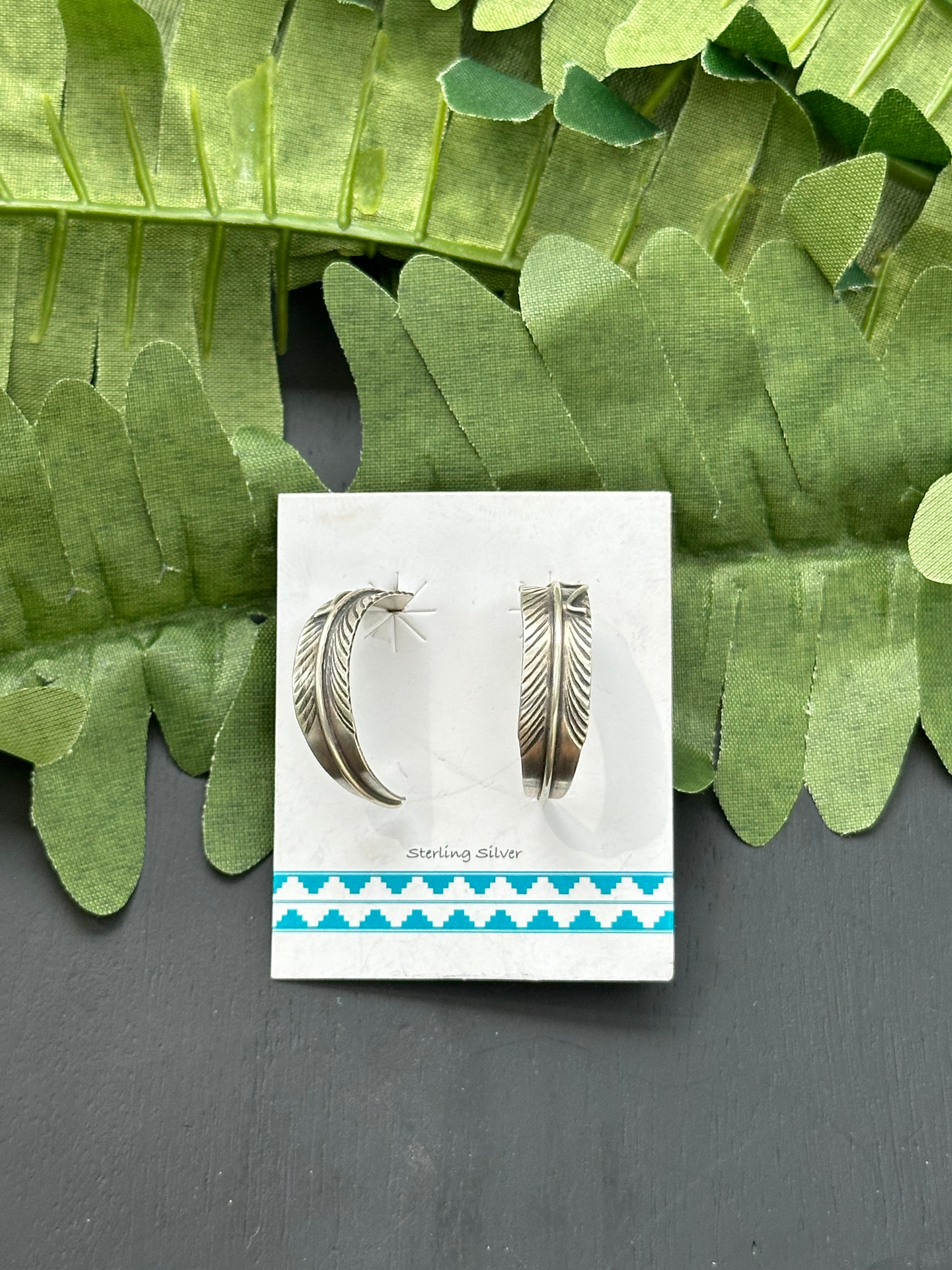 Navajo Made Sterling Silver Feather Post Hoop Earrings