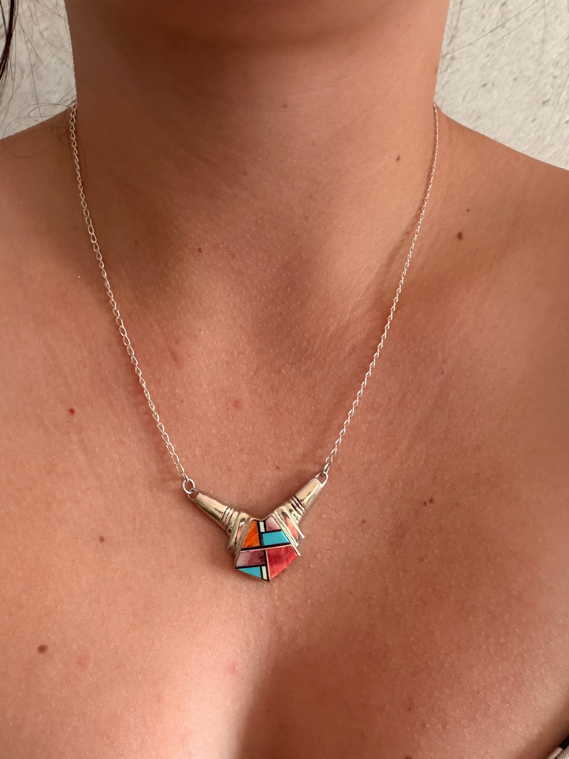 Navajo Made Multi Stone & Sterling Silver Inlay Necklace