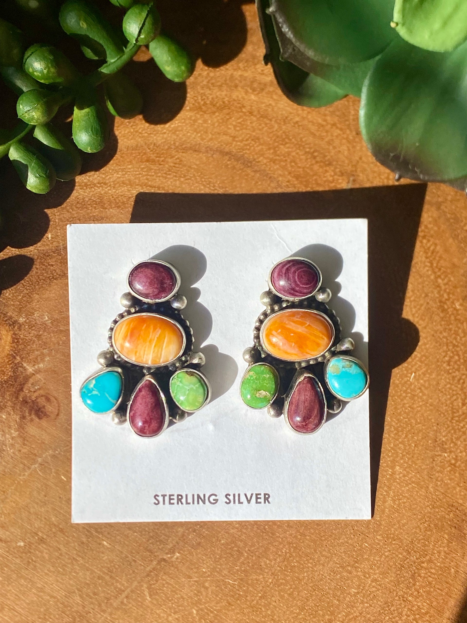 Navajo Handmade Multi Stone & Sterling Silver Post Earrings