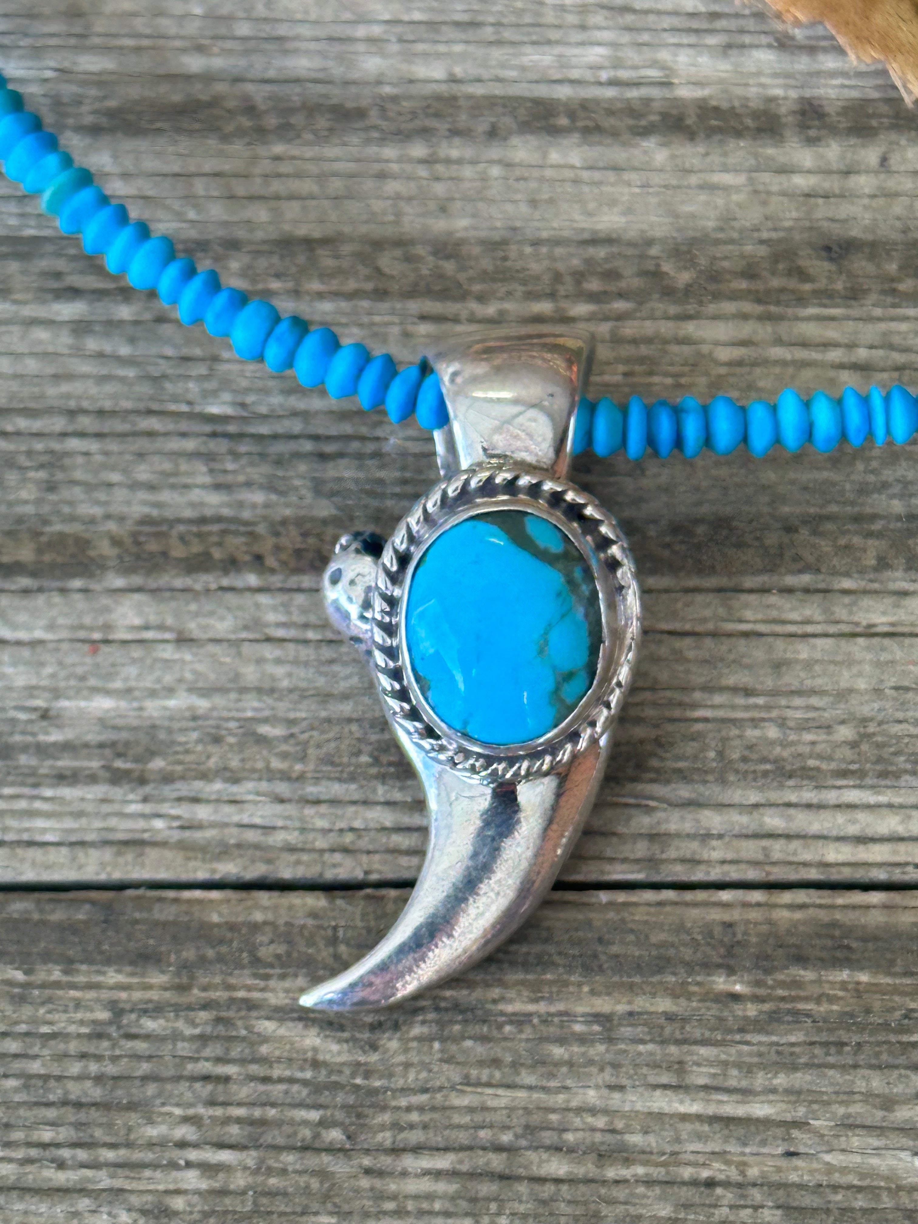 Navajo Made Kingman Turquoise & Sterling Silver Claw Pendant