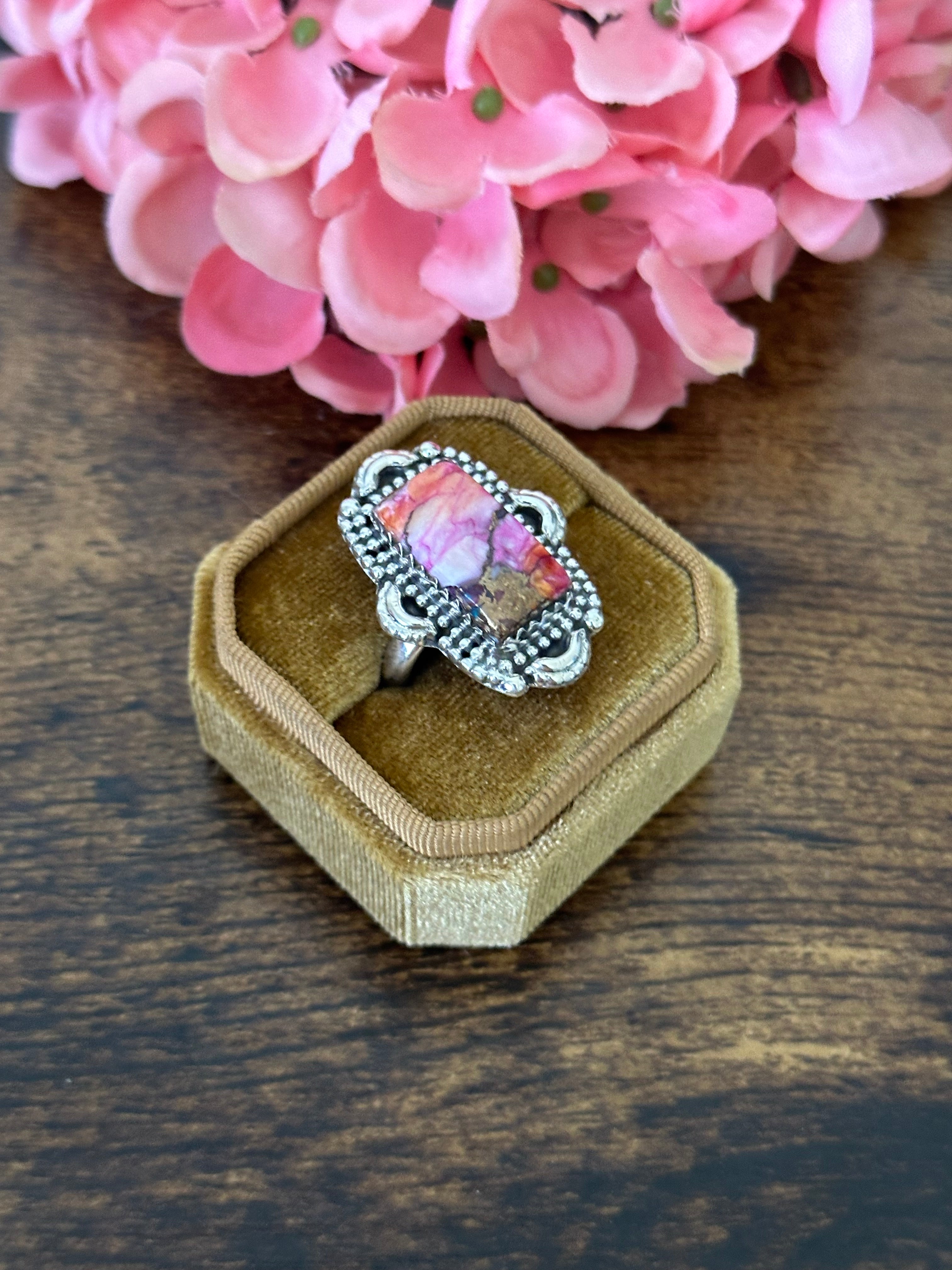 Southwest Handmade Pink Mohave Turquoise & Sterling Silver Ring Size 8.25