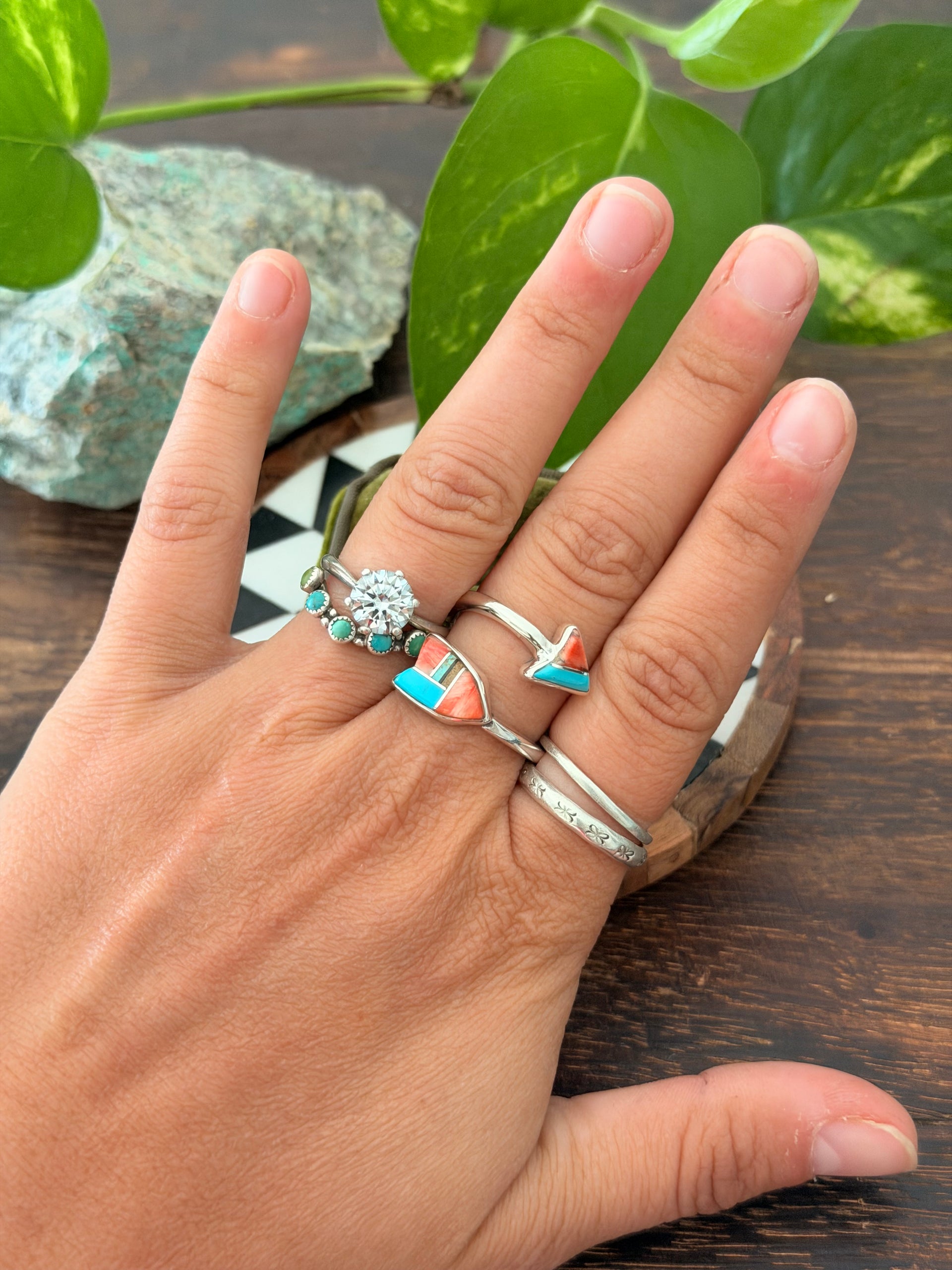 Navajo Made Multi Stone & Sterling Silver Inlay Arrow Adjustable Ring