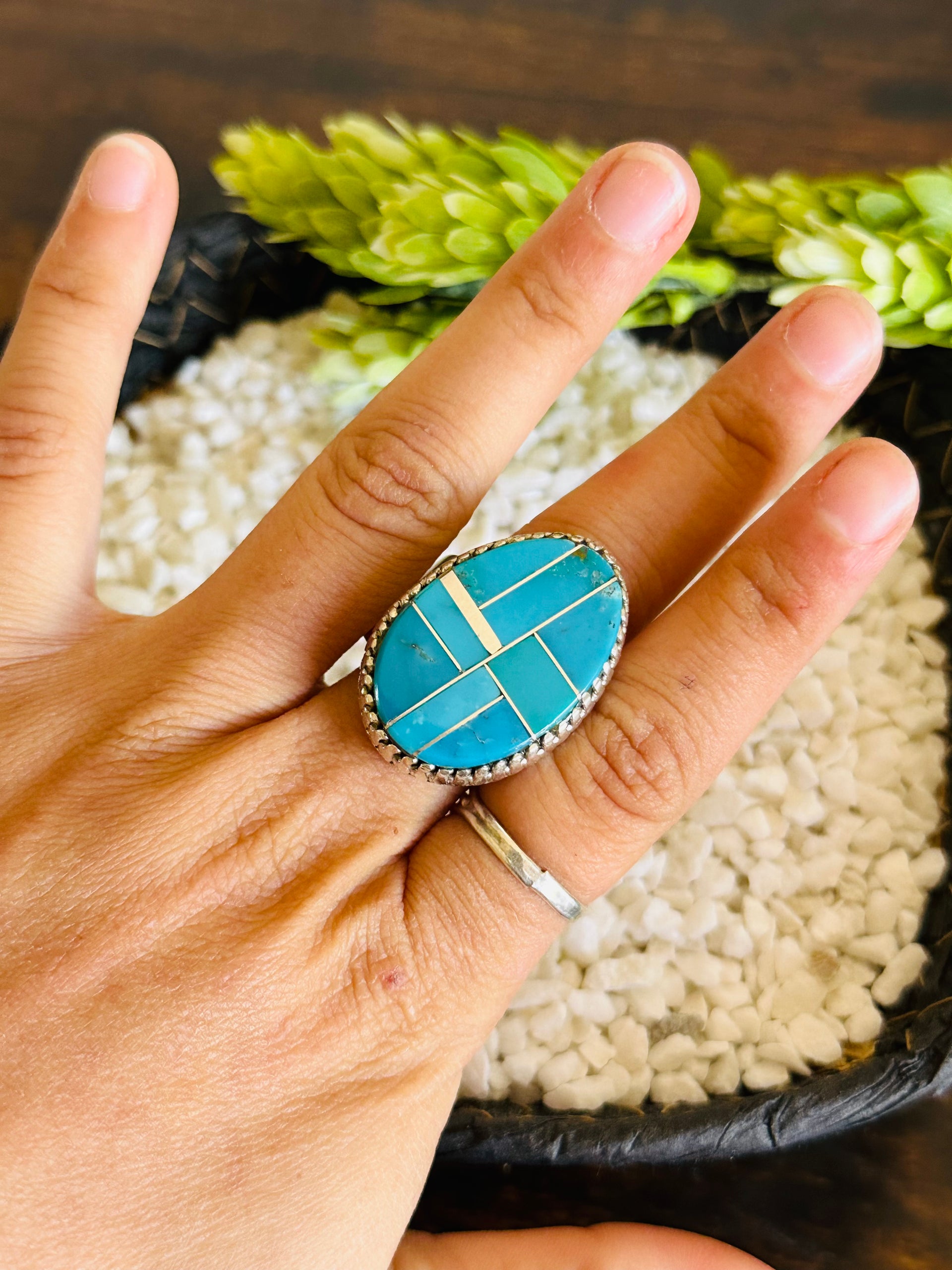 Larry Kaye Kingman Turquoise & Sterling Silver Adjustable Inlay Ring