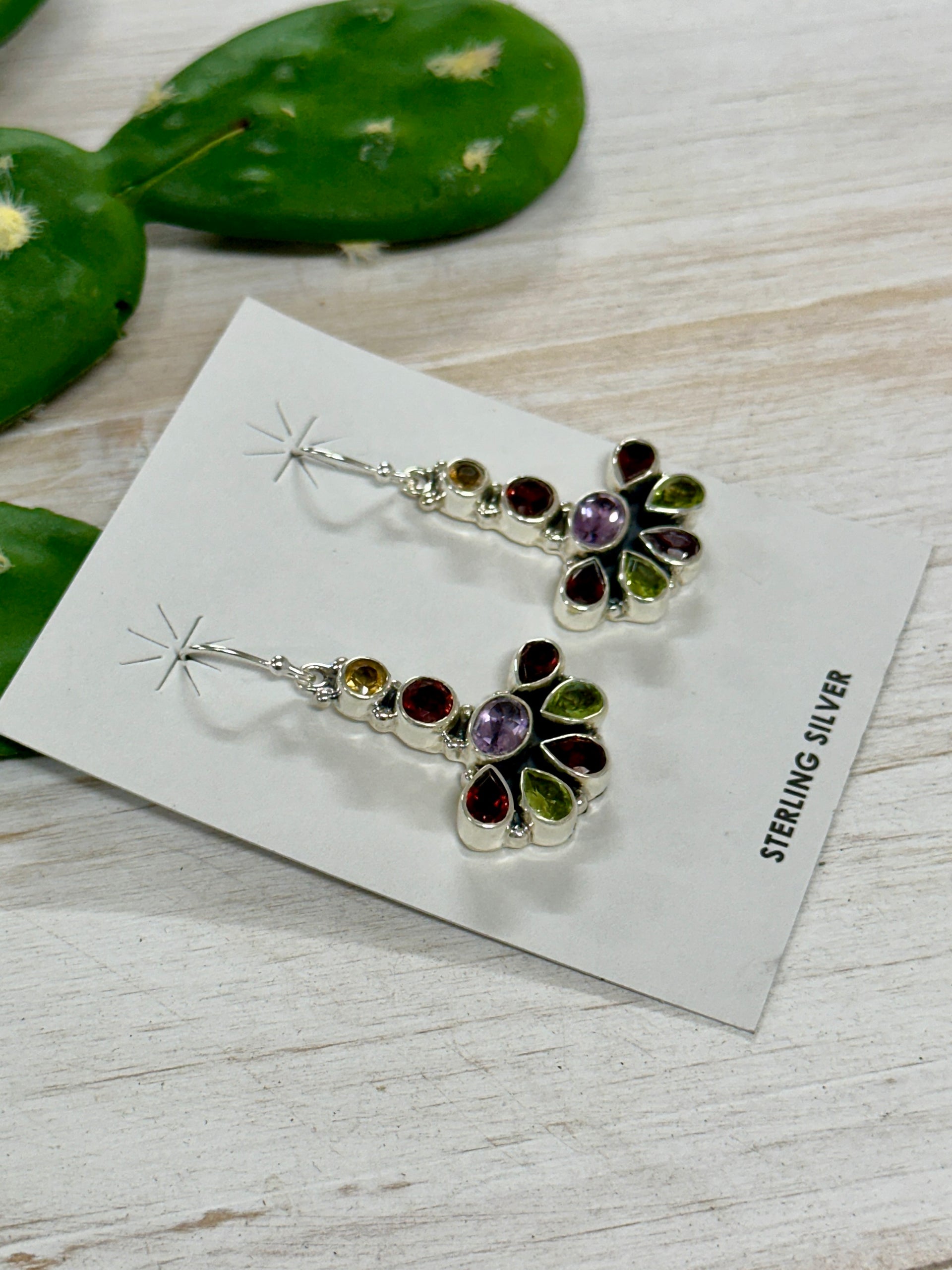 Southwest Handmade Multi Stone & Sterling Silver Cluster Dangles Earrings