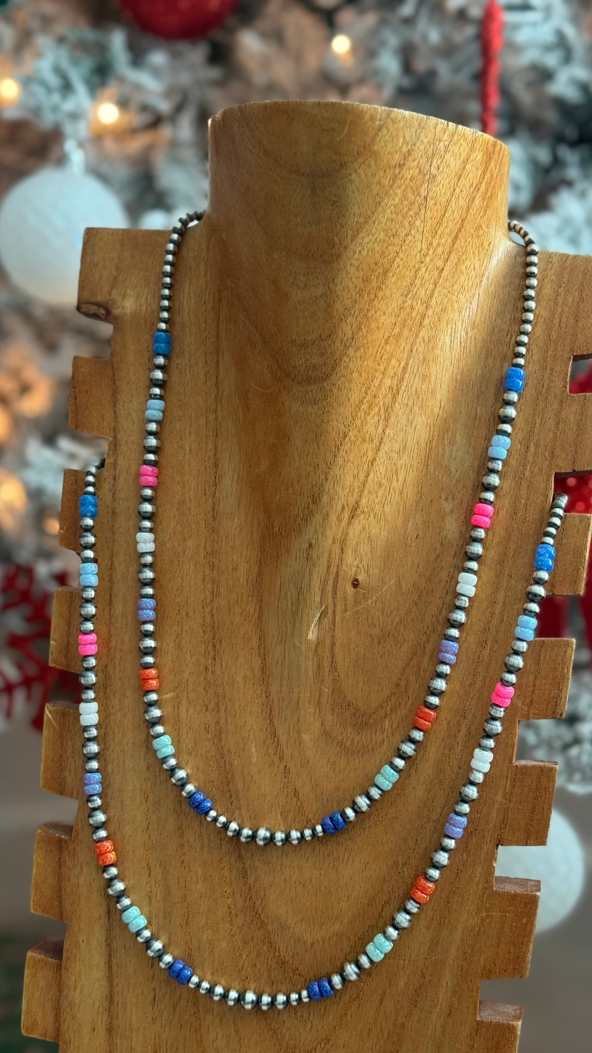 Navajo Strung Opal & Sterling Silver Beaded Pearl Necklace