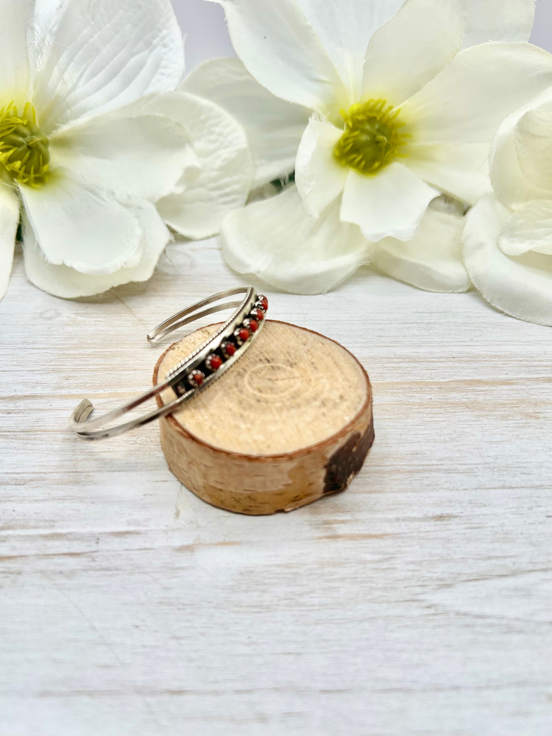 Zuni Made Red Coral & Sterling Silver Cuff Bracelet