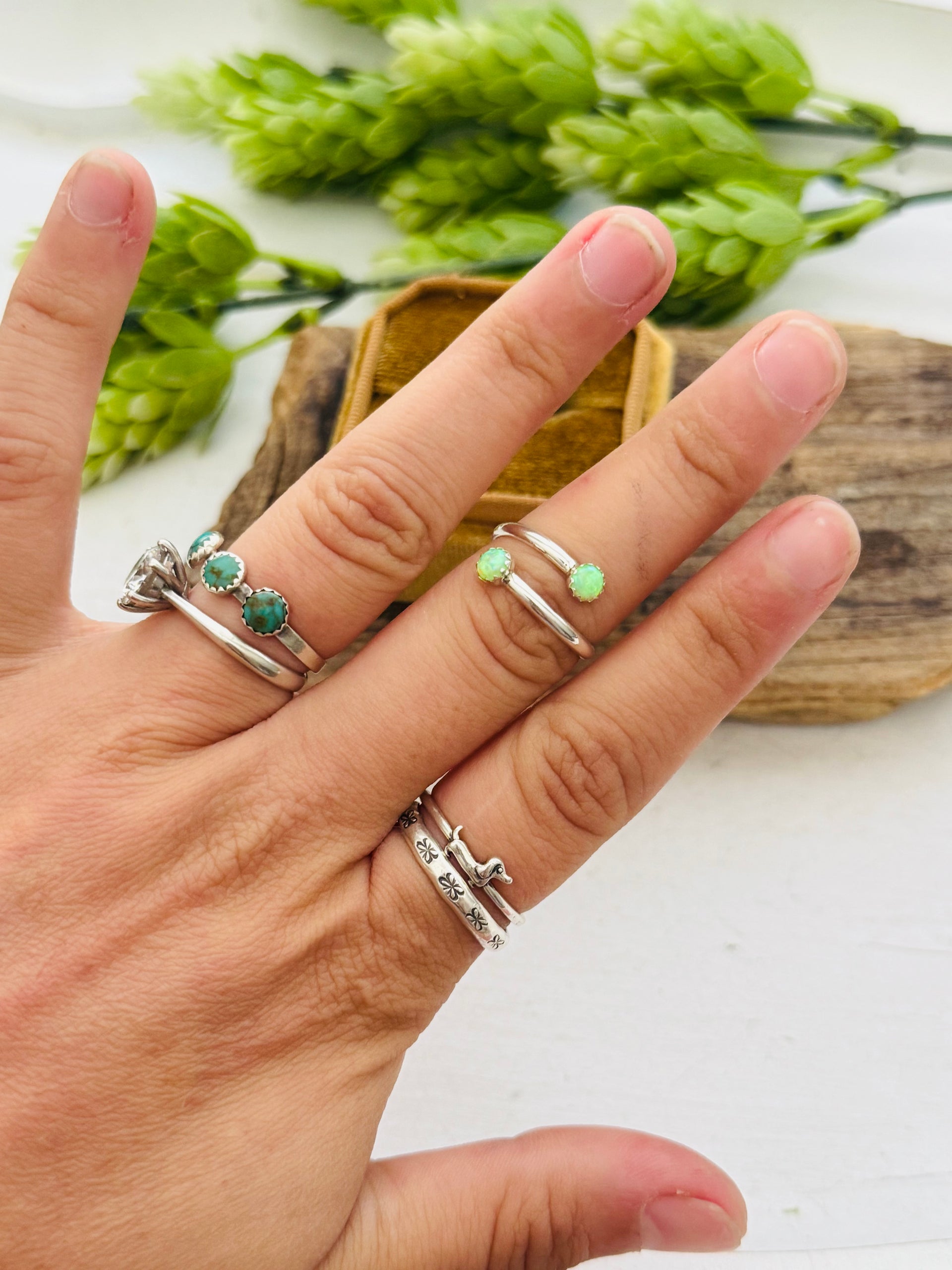 Navajo Handmade Green Opal (Man Made) & Sterling Silver Adjustable Ring