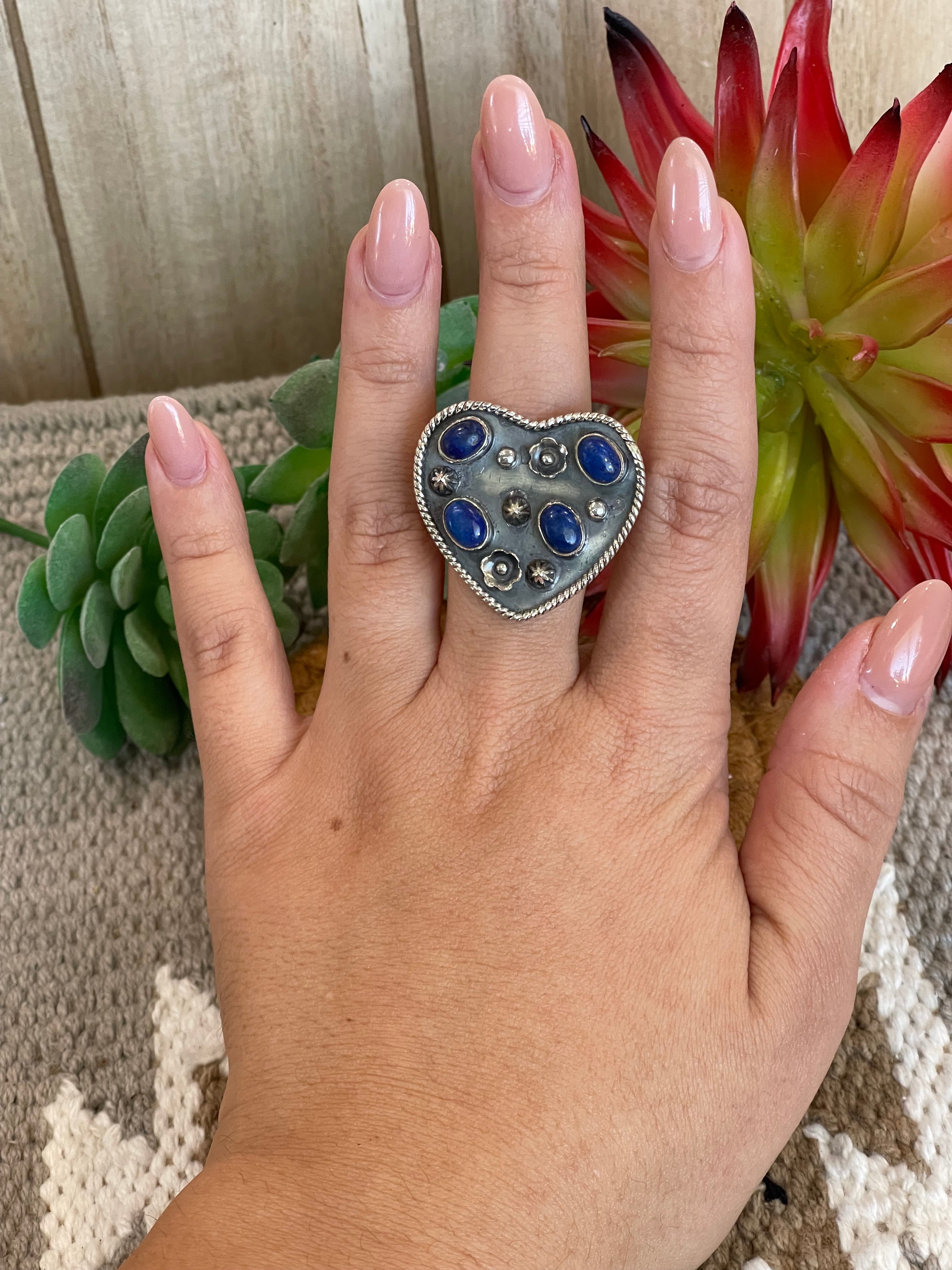 Southwest Handmade Lapis & Sterling Silver Adjustable Heart Ring