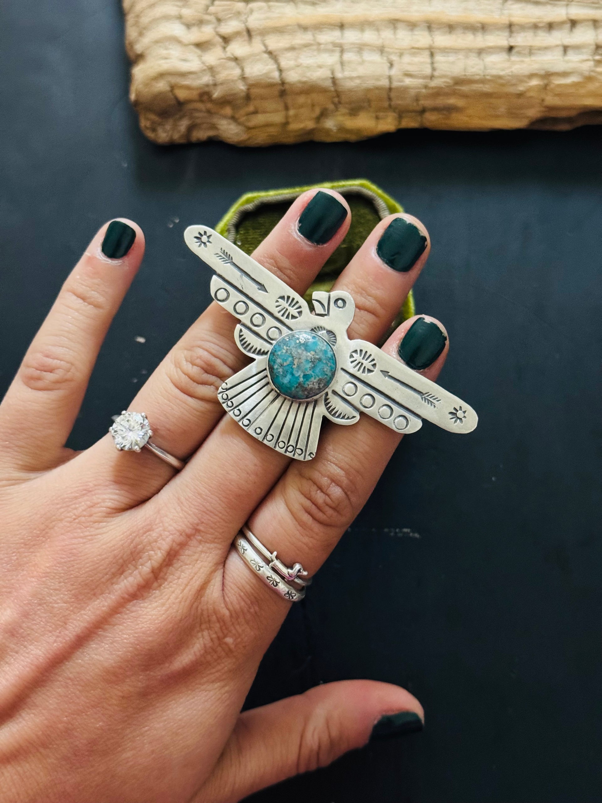 Leroy James Kingman Turquoise & Sterling Silver Thunderbird Adjustable Ring