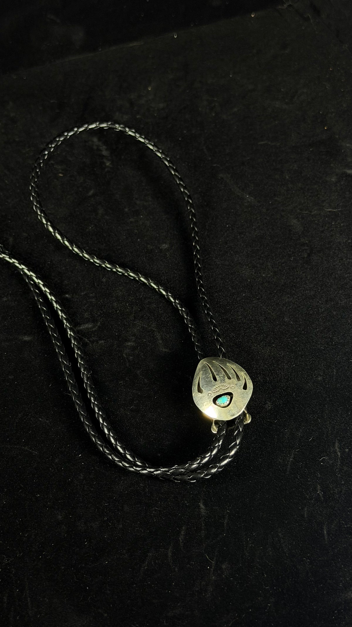 Navajo Made Kingman Turquoise & Sterling Silver Bear Claw Bolo Tie