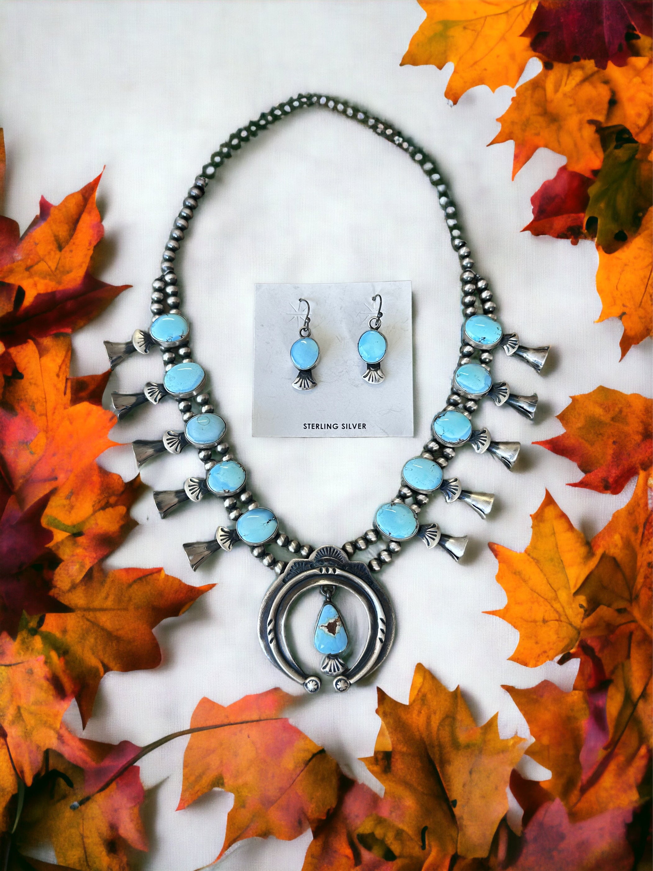 Paul Livingston Golden Hills Turquoise & Sterling Silver Squash Blossom Necklace Set