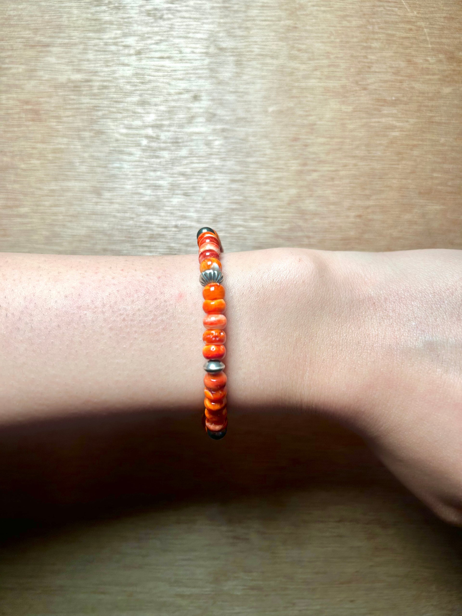 Mary Salazar Spiny Oyster & Sterling Silver Strung Stretchy Bracelet