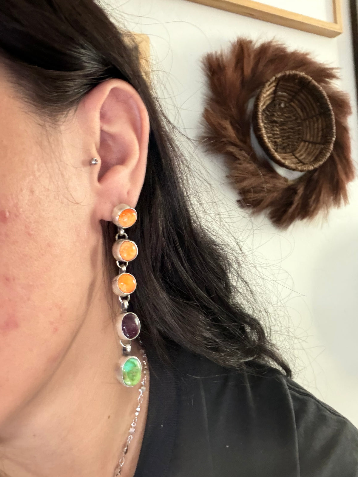 Navajo Made Multi Stone & Sterling Silver Post Dangle Earrings