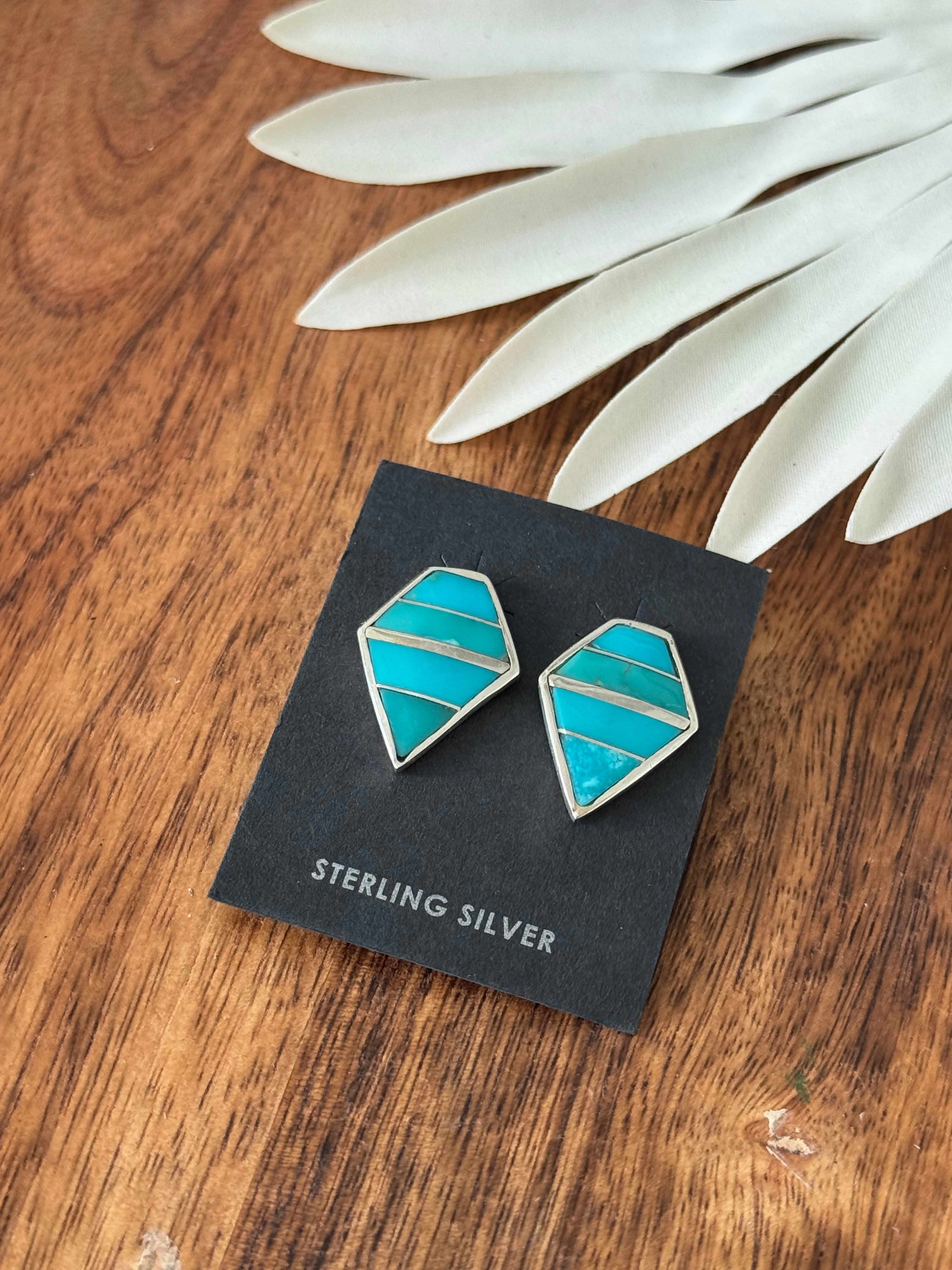 Navajo Made Kingman Turquoise & Sterling Silver Inlay Post Earrings