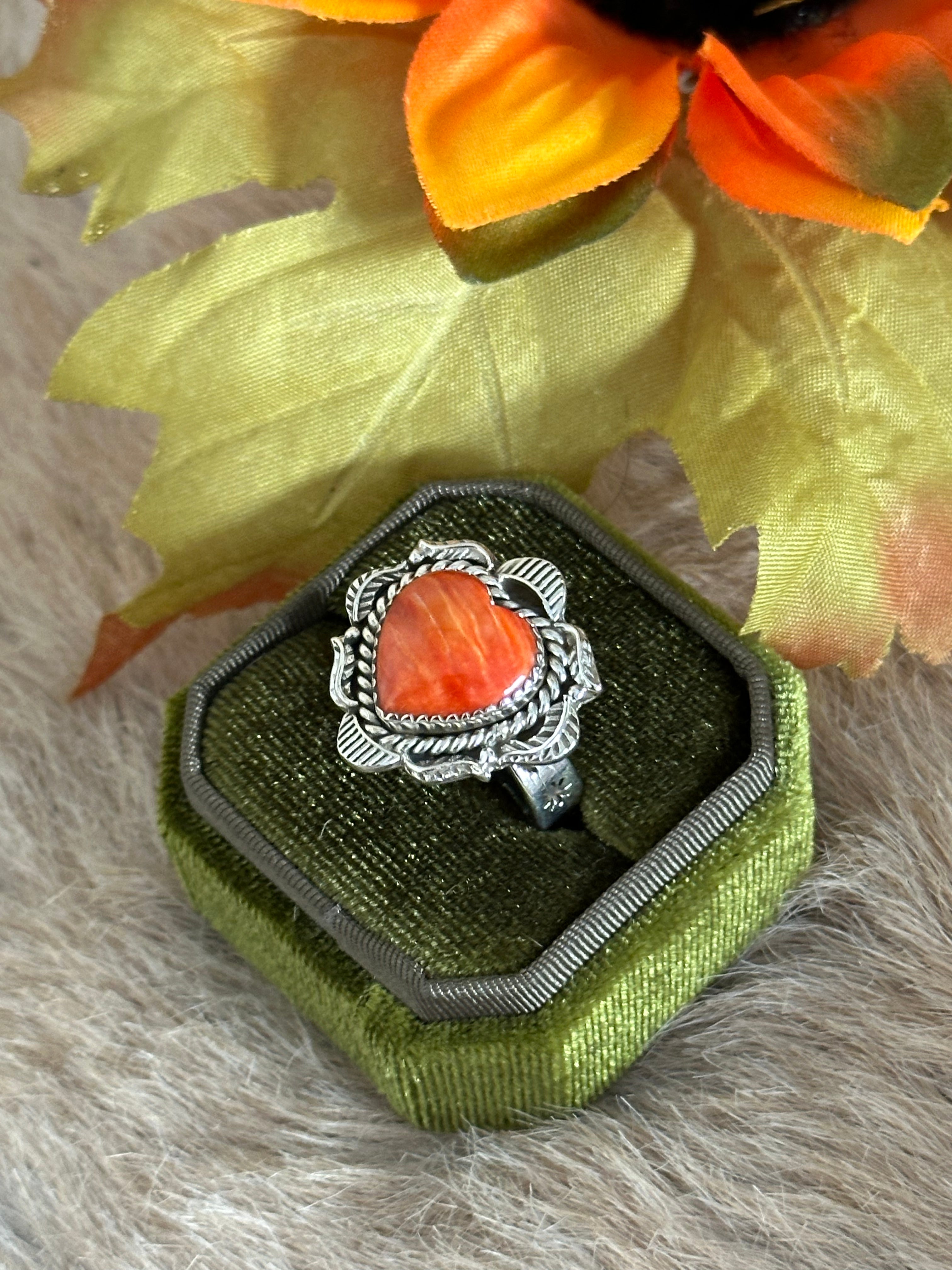 Southwest Handmade Spiny Oyster & Sterling Silver Adjustable Heart Ring