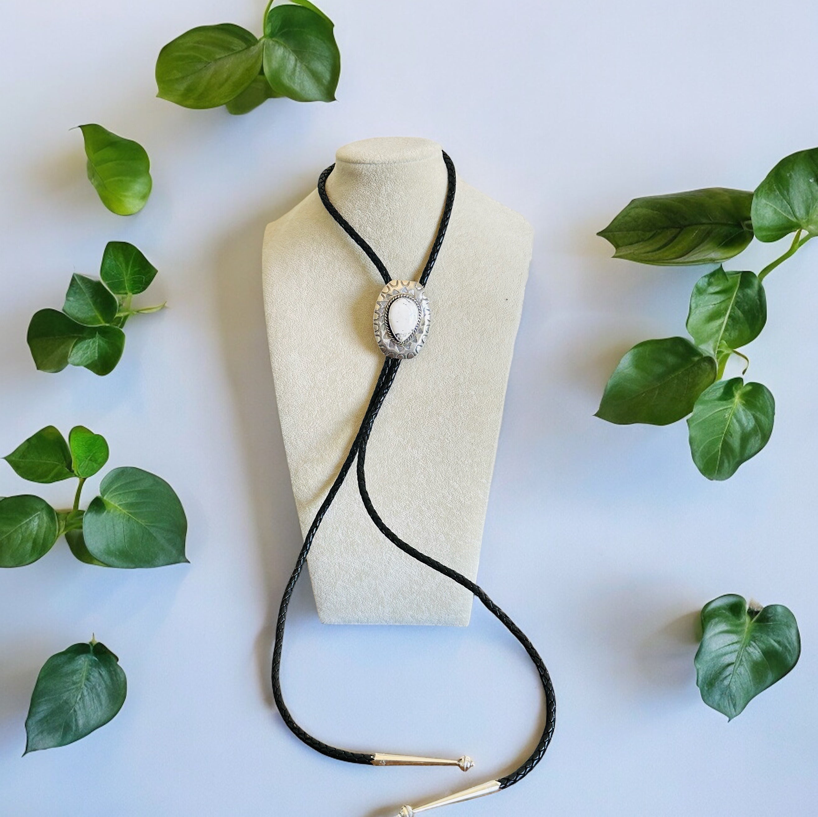 Navajo Made White Buffalo & Sterling Silver Necklace Bolo