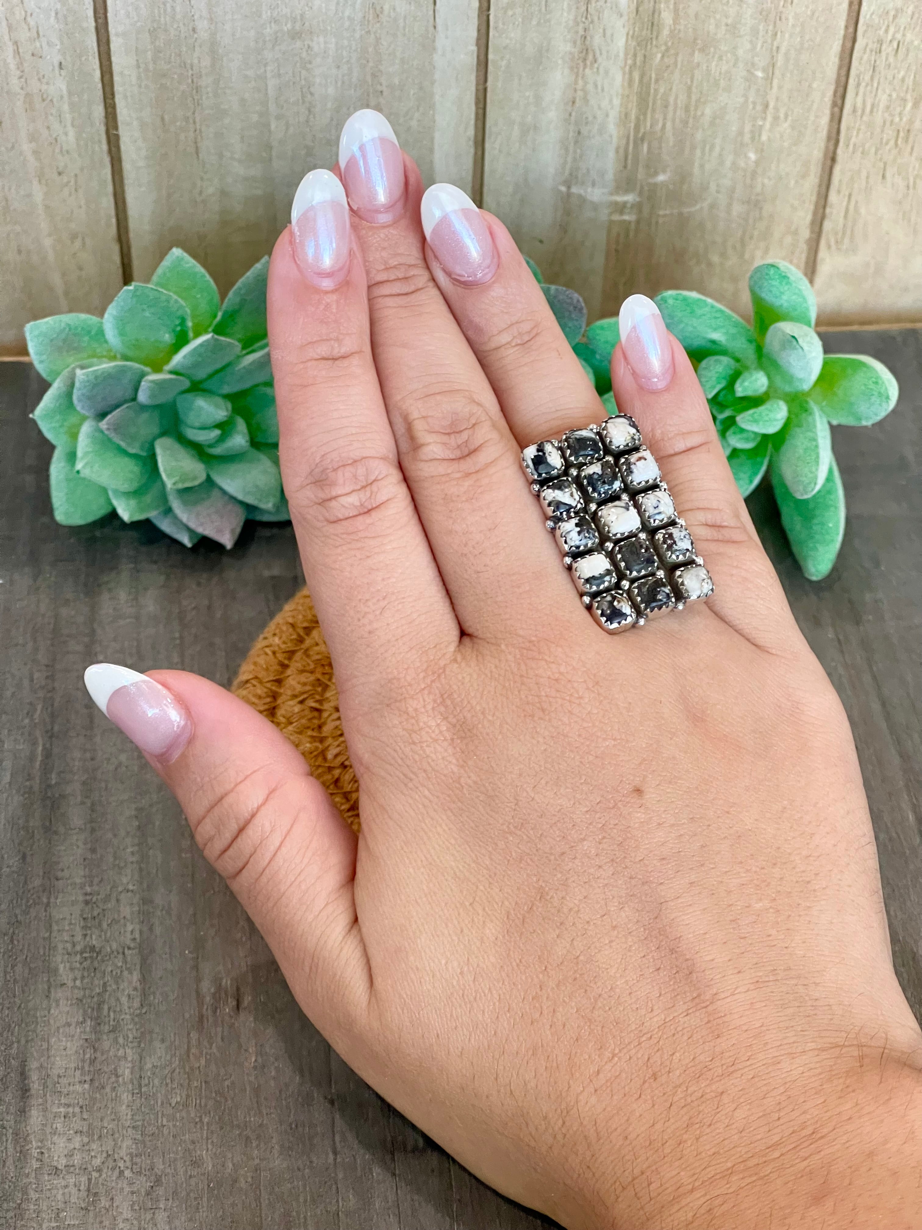 Southwest Handmade White Buffalo & Sterling Silver Adjustable Cluster Ring