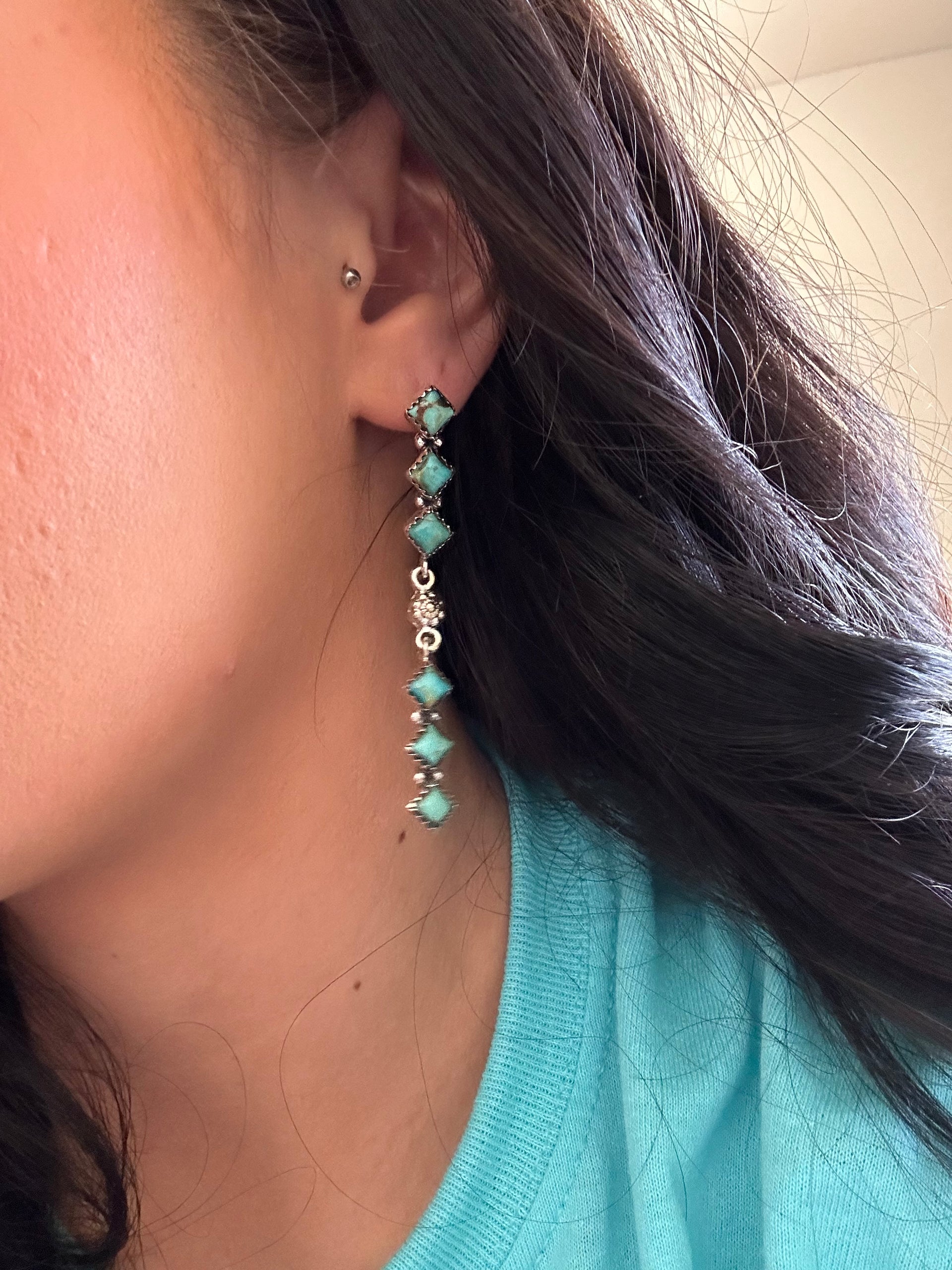 Southwest Handmade Kingman Turquoise & Sterling Silver Post Dangle Earrings