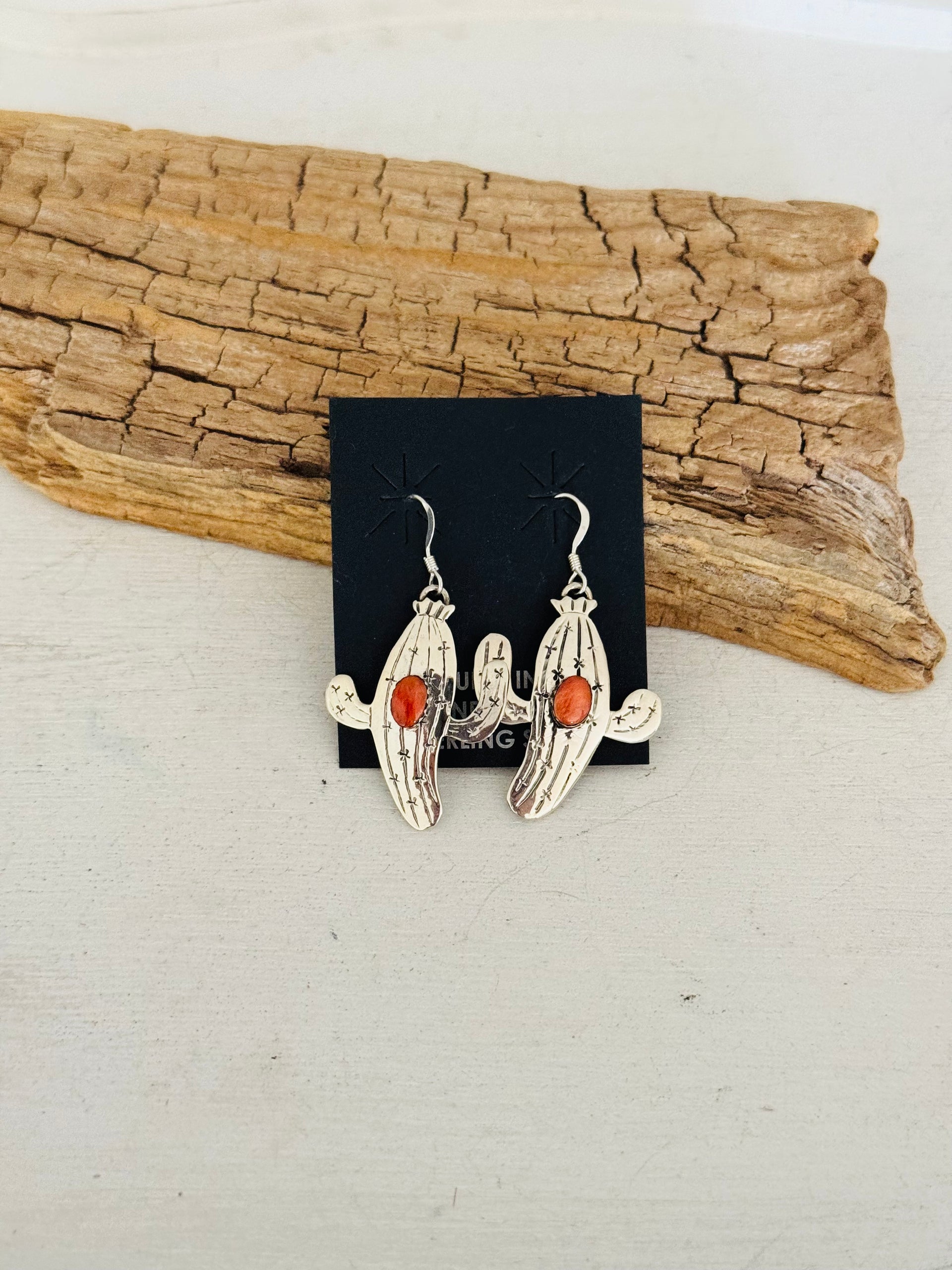Navajo Handmade Spiny Oyster & Sterling Silver Cactus Dangle Earrings