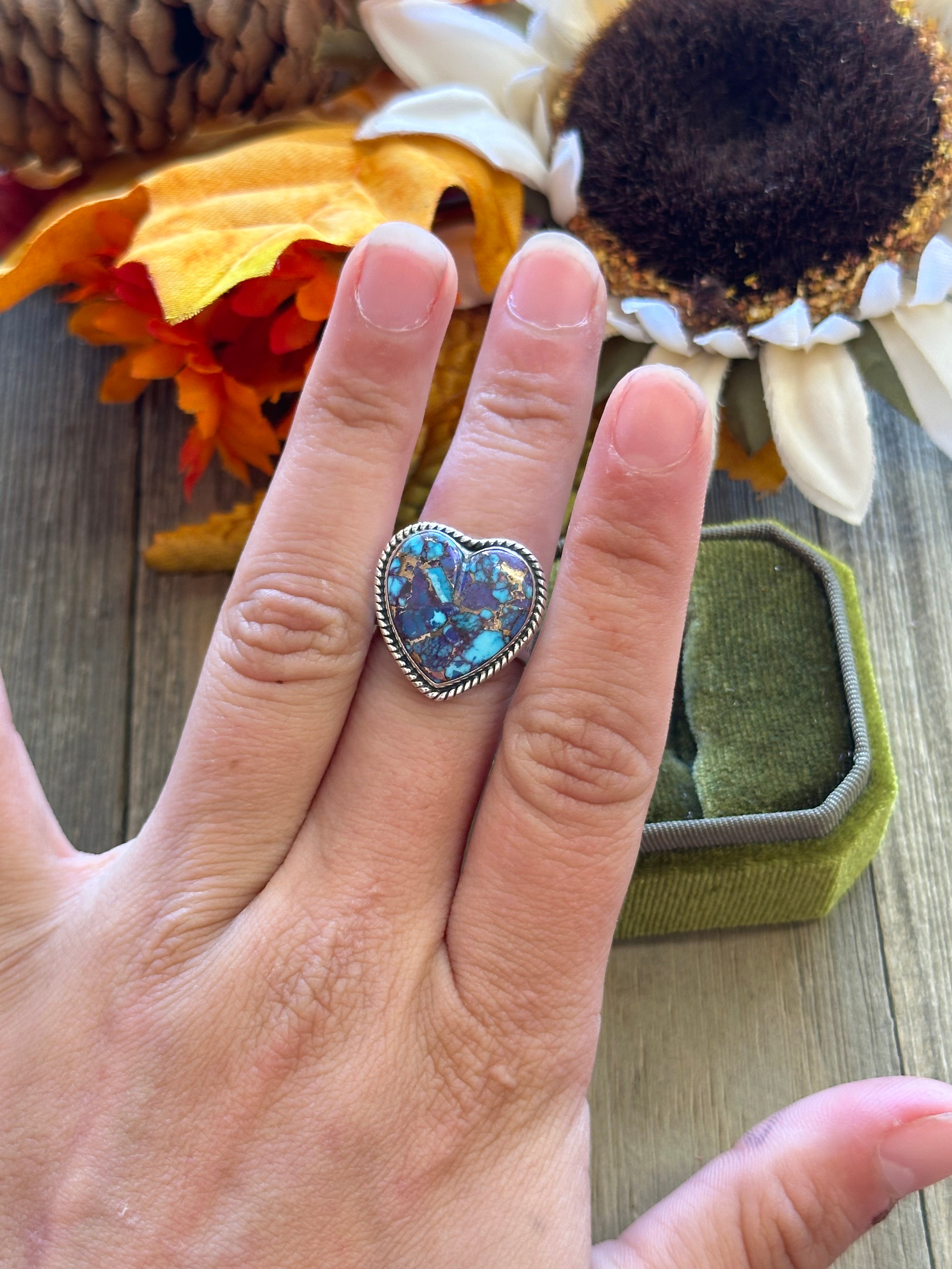 Southwest Handmade Mohave Turquoise & Sterling Silver Adjustable Heart Ring