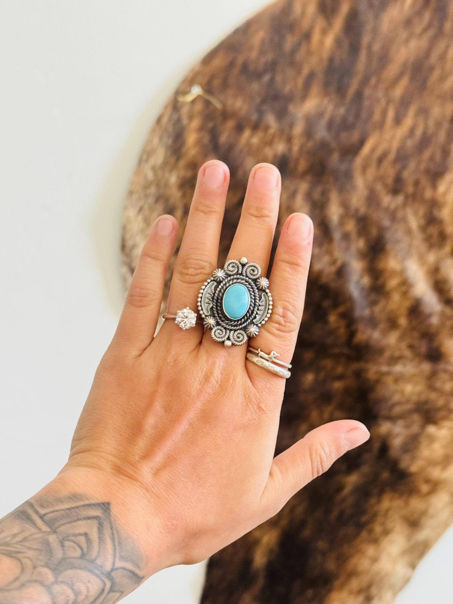 Navajo Made Kingman Turquoise & Sterling Silver Ring Size 8.75