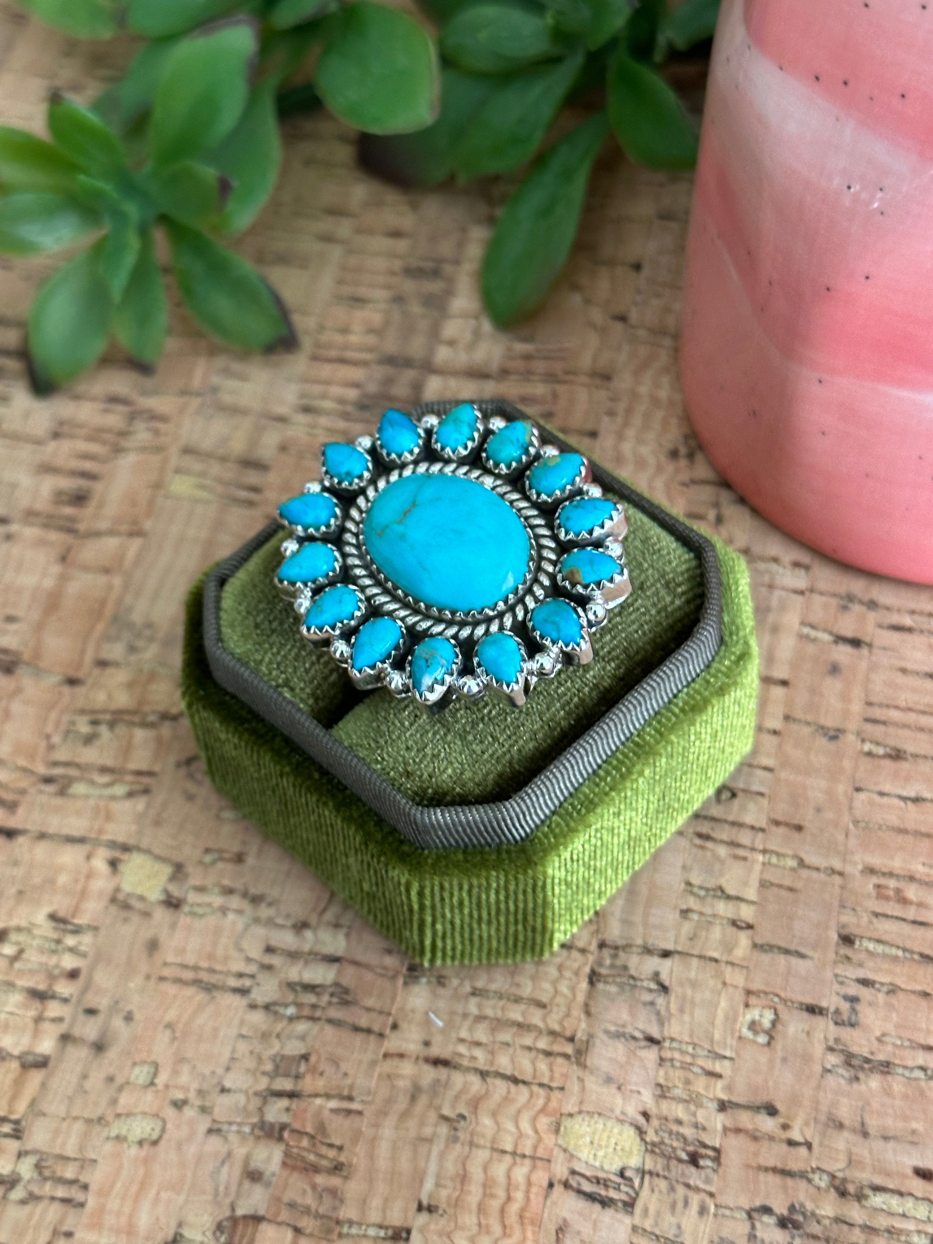 Southwest Handmade Kingman Turquoise & Sterling Silver Adjustable Cluster Ring