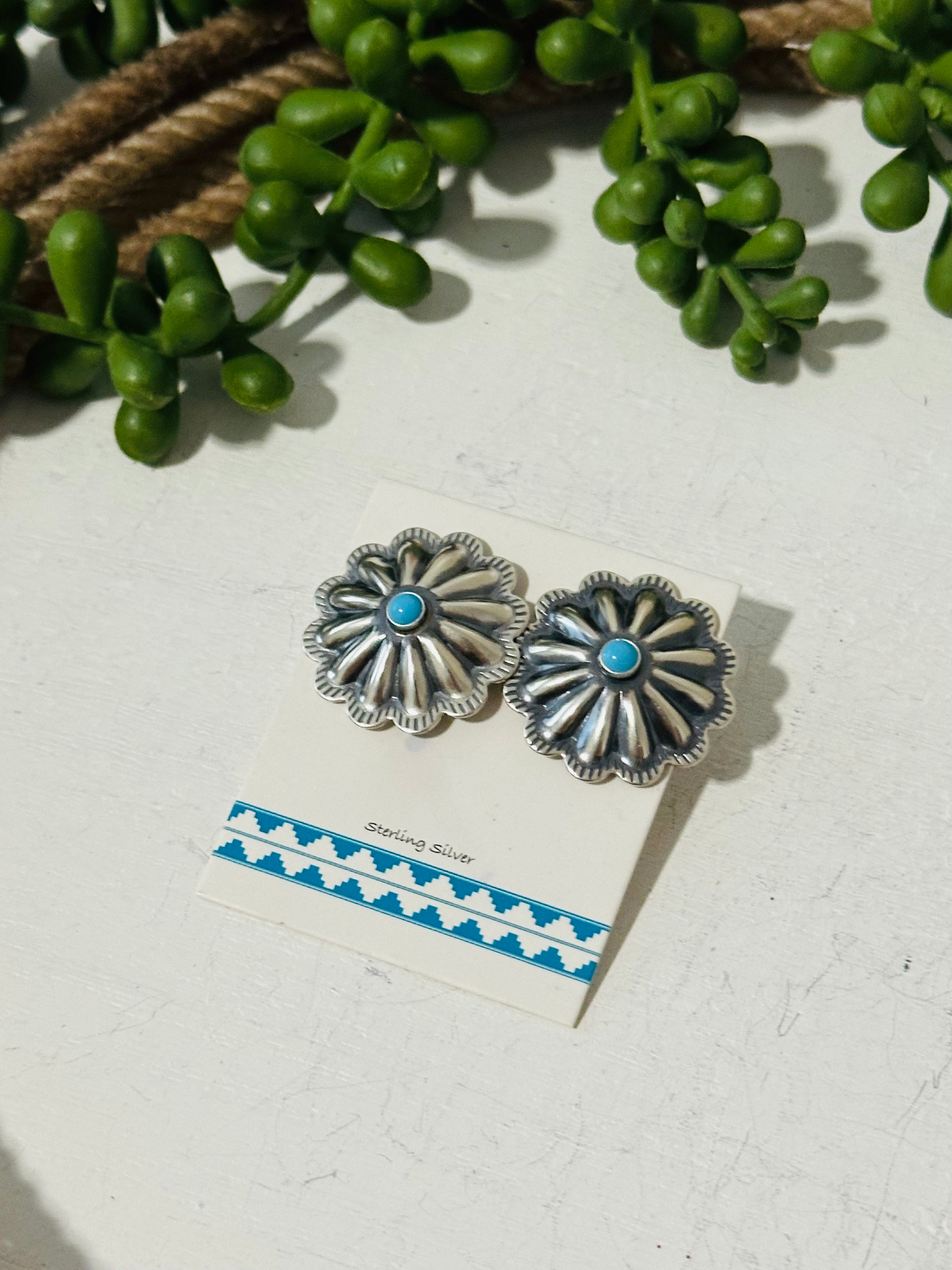 Navajo Made Kingman Turquoise & Sterling Silver Post Concho Earrings