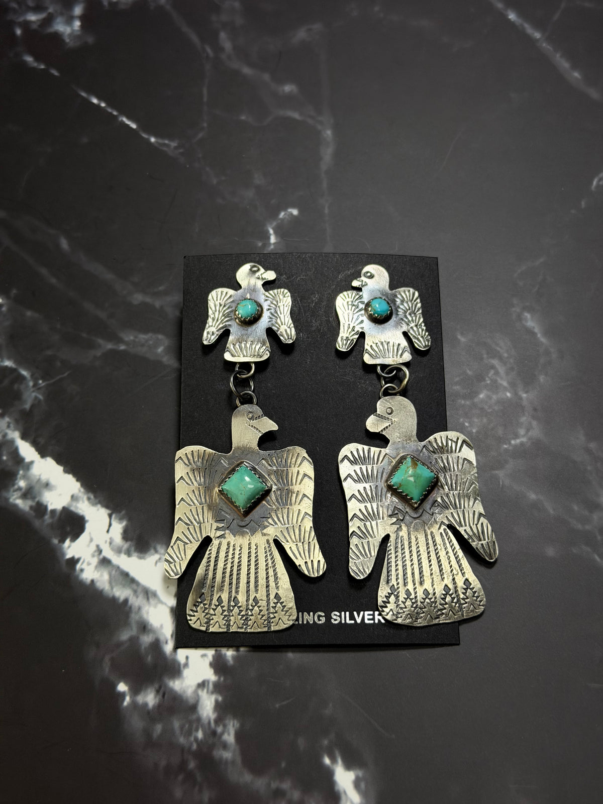 Gabriella Yazzie Kingman Turquoise & Sterling Silver Thunderbird Post Dangle Earrings