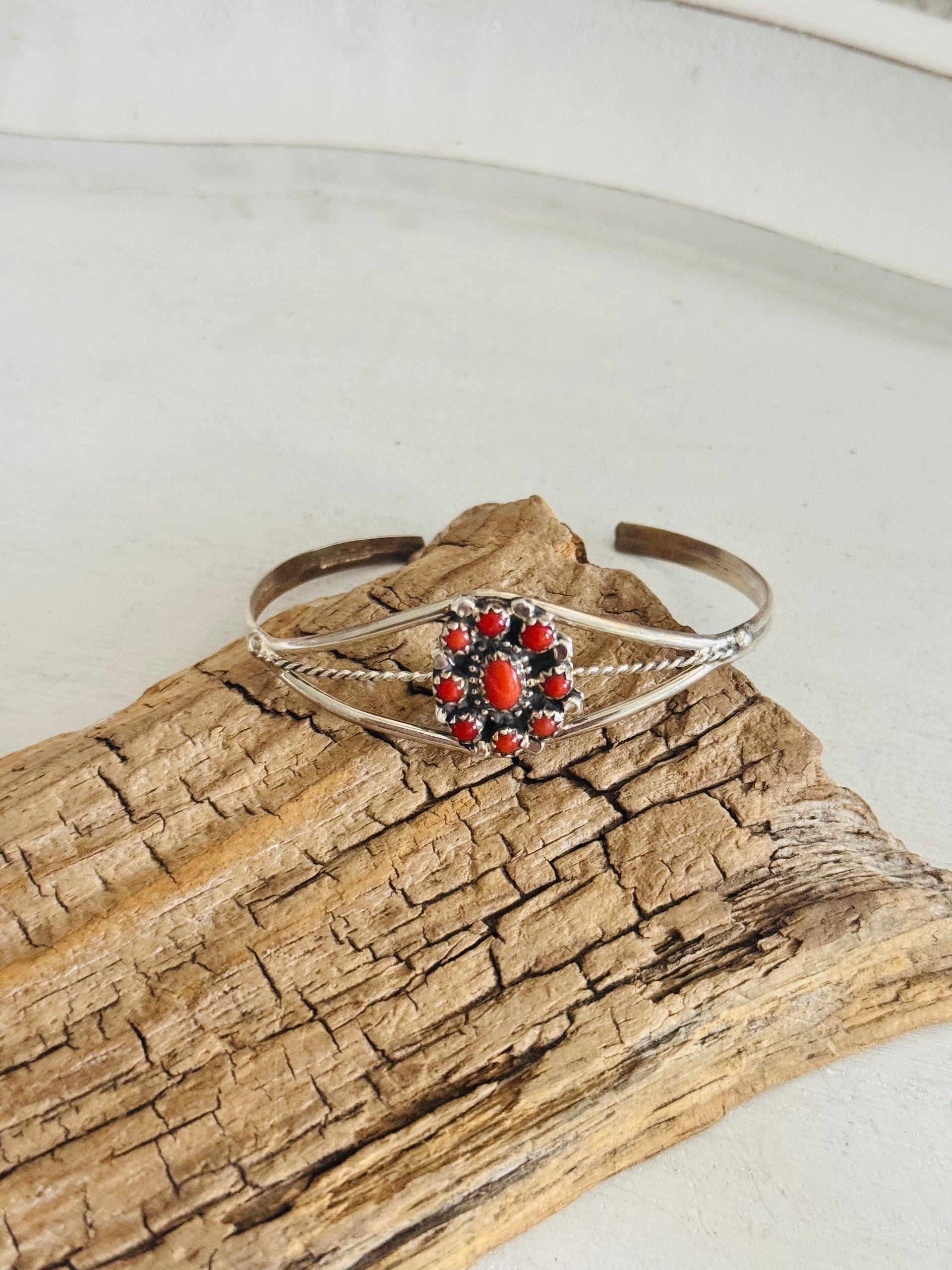 Navajo Made Red Coral & Sterling Silver Cluster Petite Cuff Bracelet