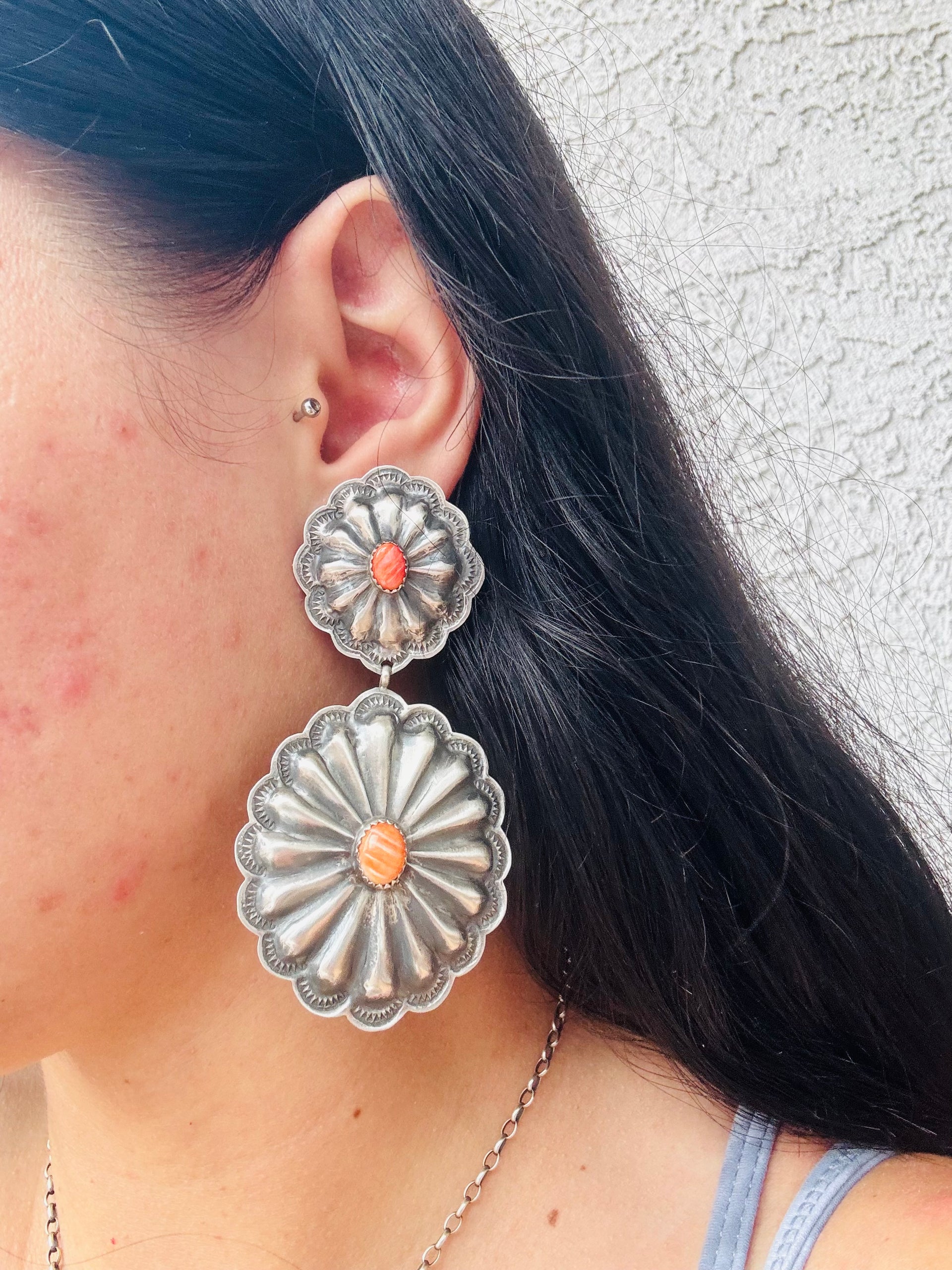 Navajo Made Spiny Oyster & Sterling Silver Post Concho Earrings