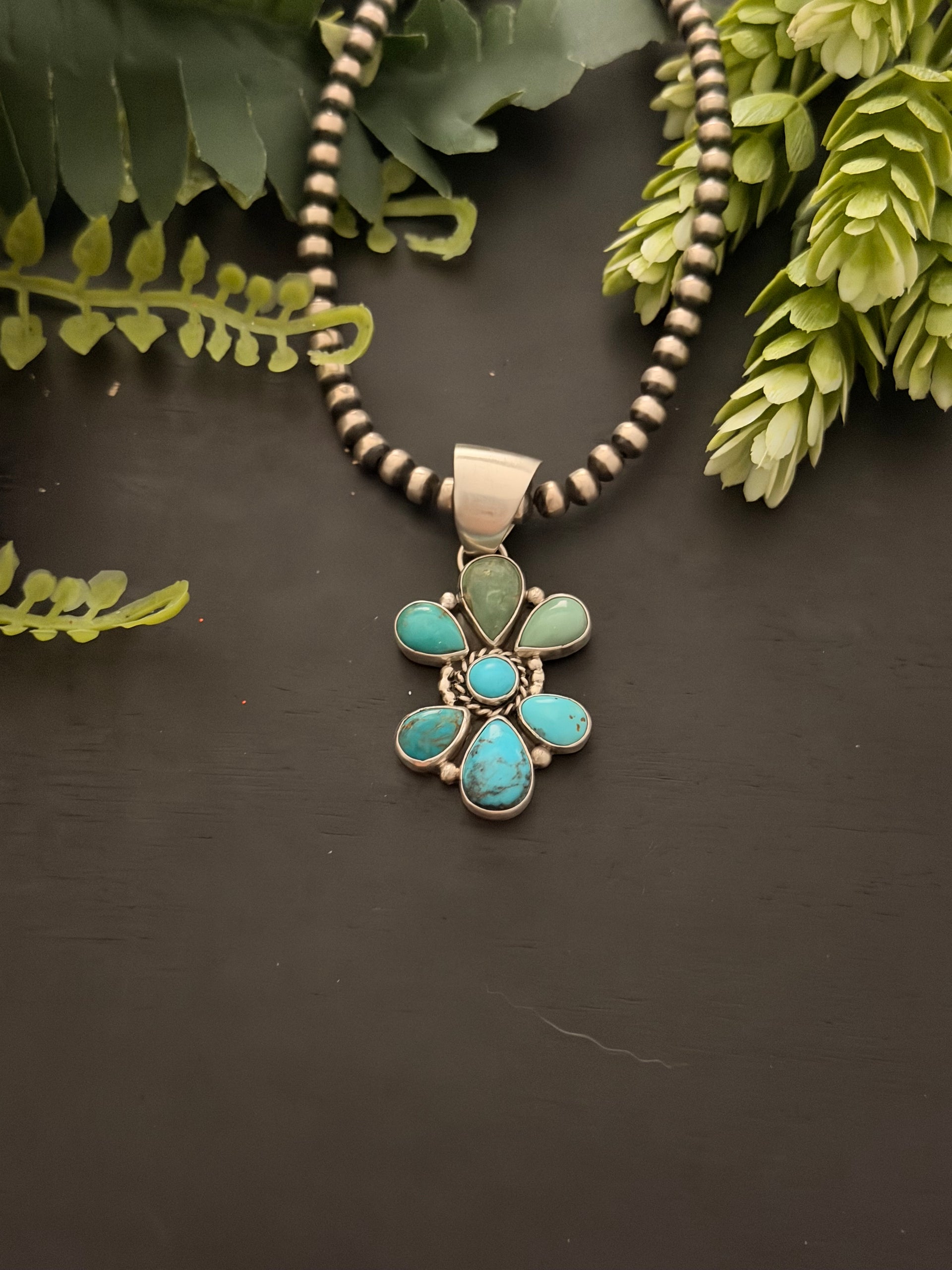 Navajo Made Kingman Turquoise & Sterling Silver Cluster Pendant