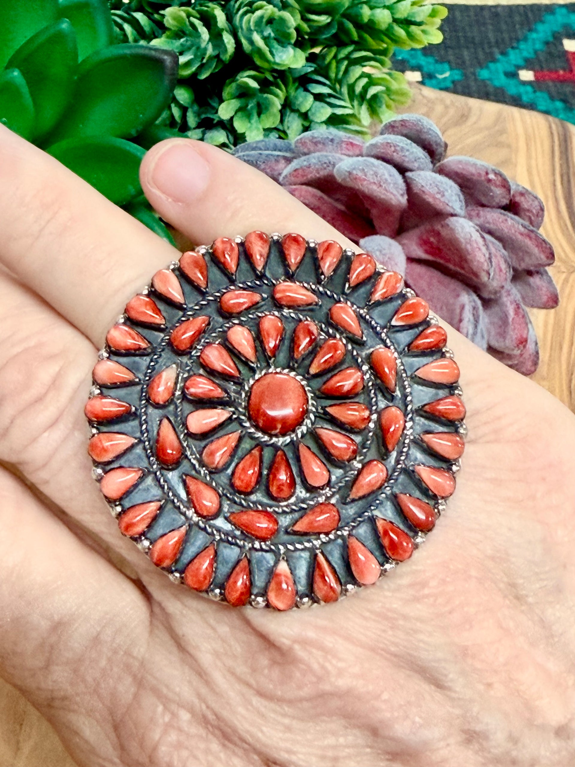 Southwest Handmade Red Spiny Oyster & Sterling Silver Ring Size 8.5